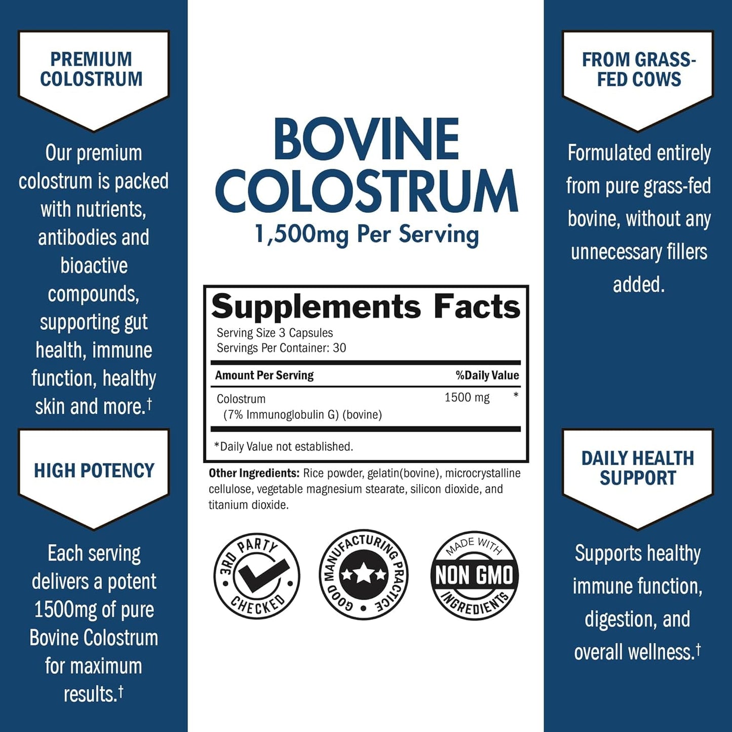 Colostrum Supplement Extra Strength 1500Mg from Bovine First Milking, Supports Gut Health and Immunity 90 Count