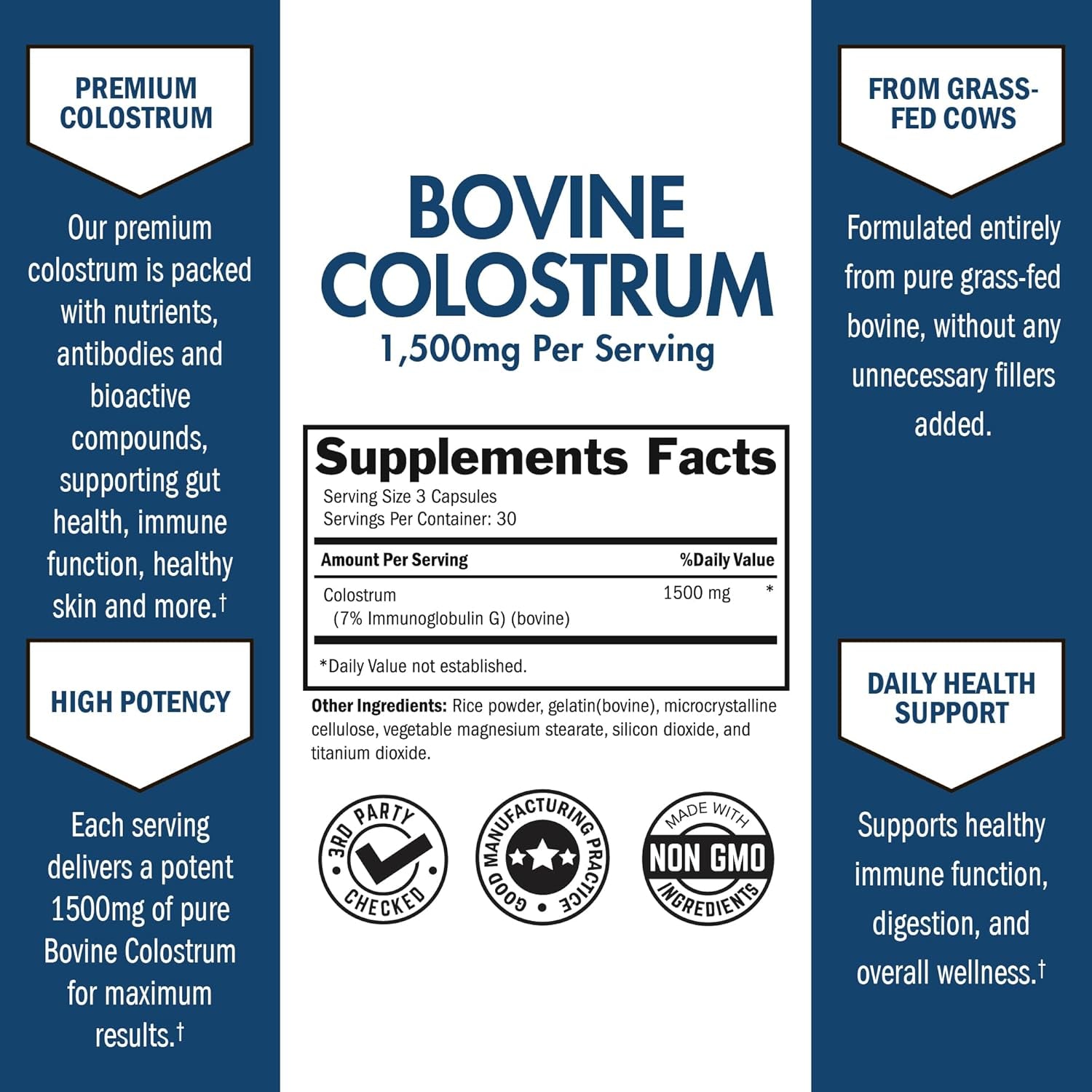 Colostrum Supplement Extra Strength 1500Mg from Bovine First Milking, Supports Gut Health and Immunity 90 Count