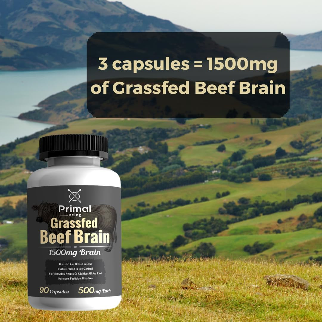 Primal Being Grassfed Beef Brain, Supports Memory, Mood, Focus, Energy, Cognitive Health - 90 Capsules, 1500Mg