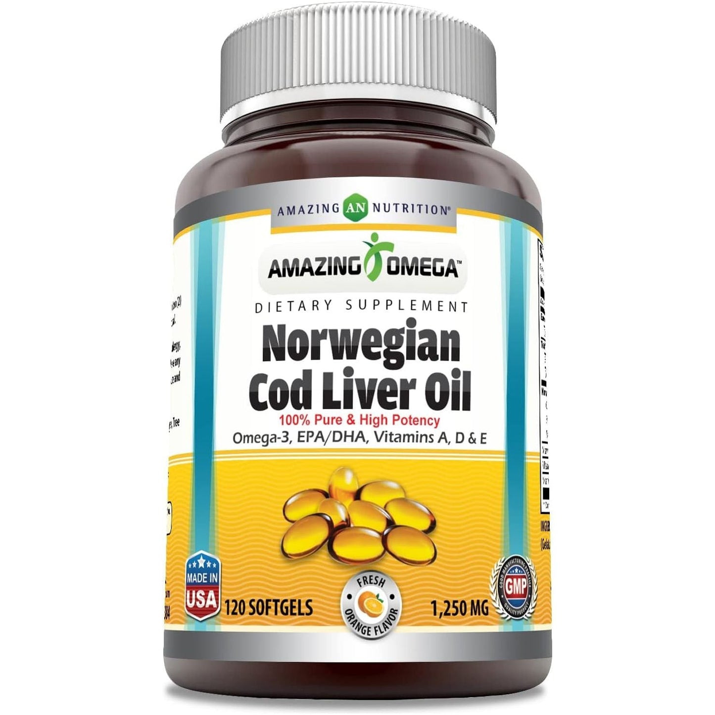 Amazing Omega Norwegian Cod Liver Oil 1250 Mg 120 Softgels (Fresh Orange Flavor)