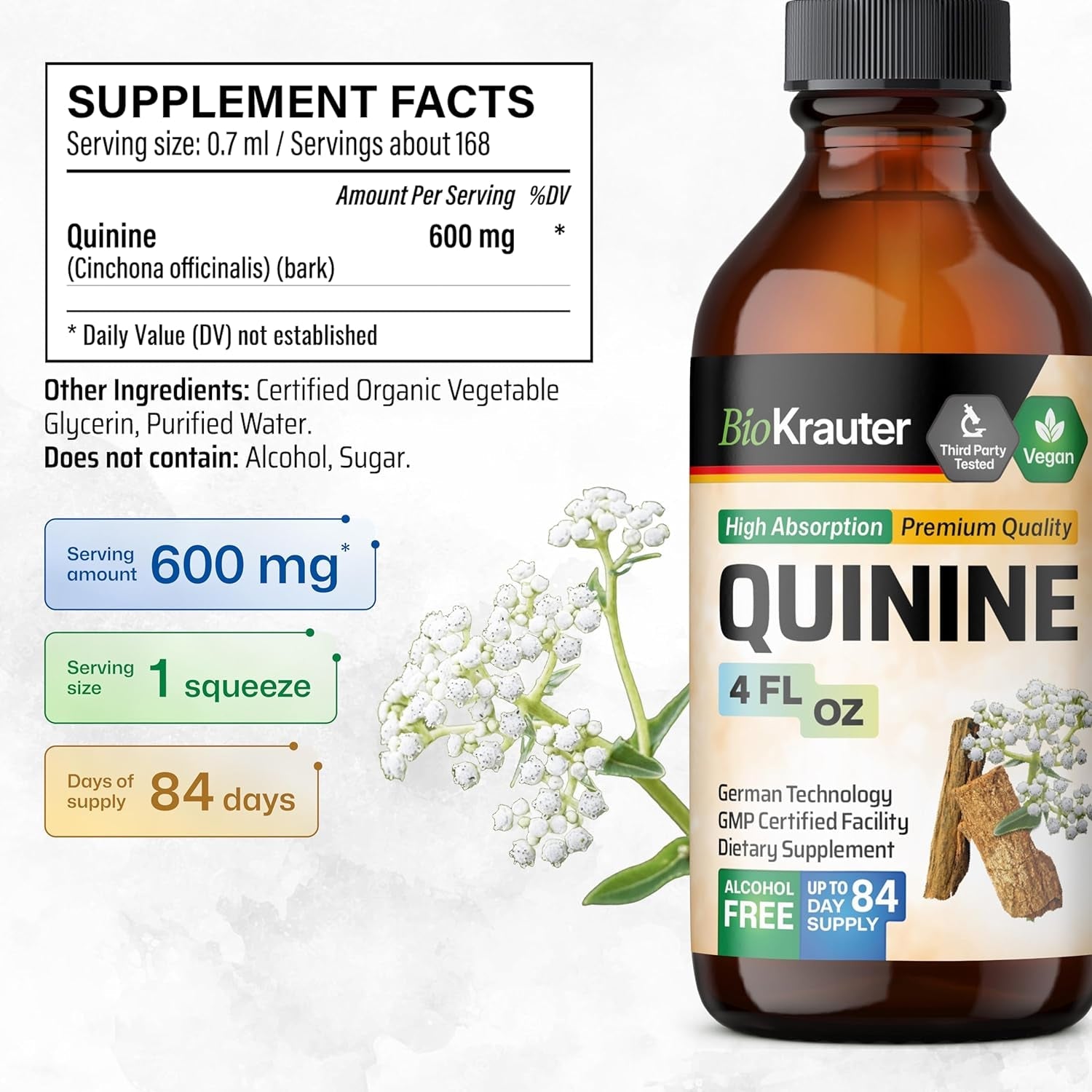 BIO KRAUTER Quinine for Leg Cramps Tincture - Cinchona Bark Extract - 4 Fl.Oz.