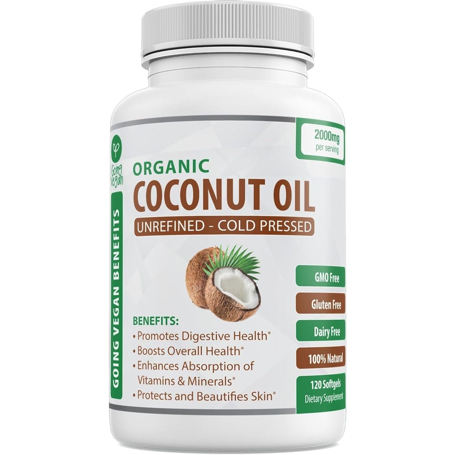 Organic Coconut Oil Capsules - Cold Pressed for Healthy Skin, Extra Hair Growth, Nail Care, Brain Booster - 120 Softgels/2000Mg 