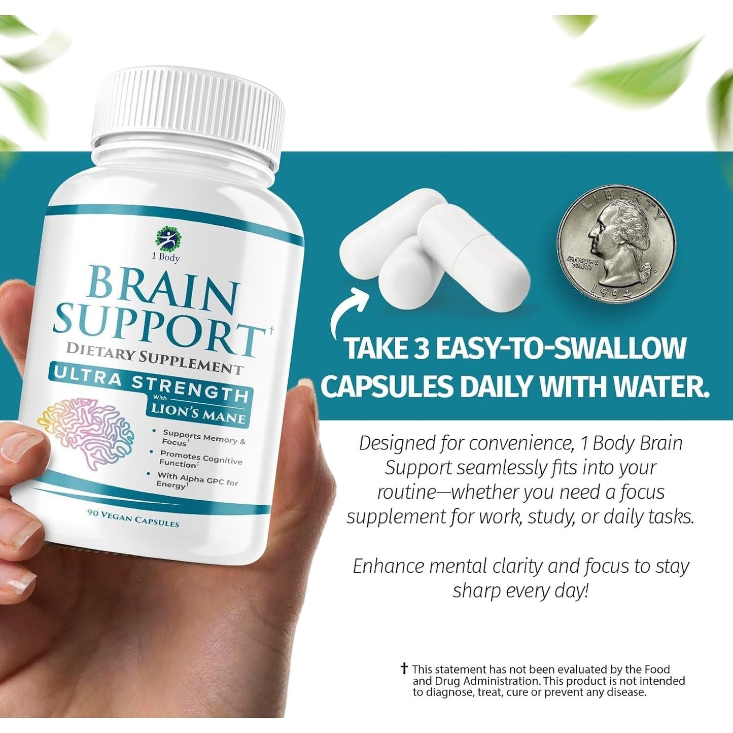 1 Body Brain Supplement Capsules with Lions Mane for Memory and Focus