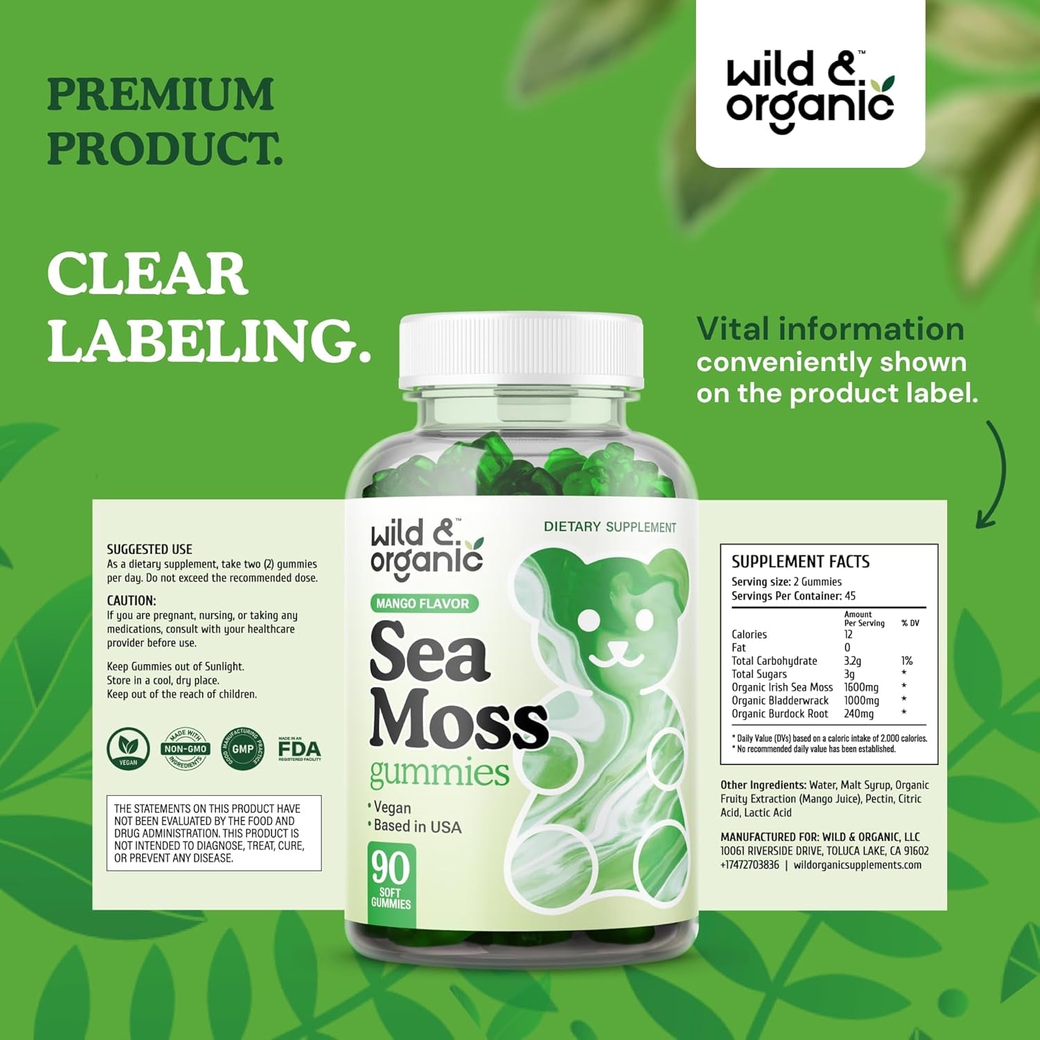 Wild & Organic Irish Sea Moss Gummies 1600 Mg for Overall Support - Chondrus Crispus - 90 Vegan