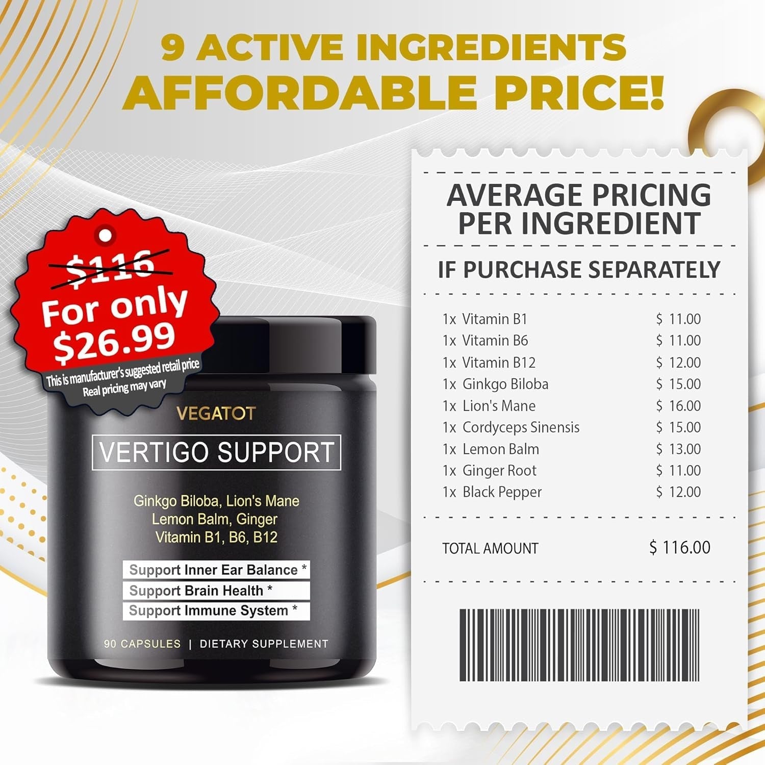 VEGATOT Vertigo Supplement *USA Made and Tested* Inner Ear Supplement for Dizziness Spinning Inner Ear Balance