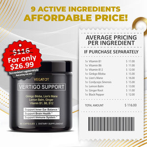 VEGATOT Vertigo Supplement *USA Made and Tested* Inner Ear Supplement for Dizziness Spinning Inner Ear Balance