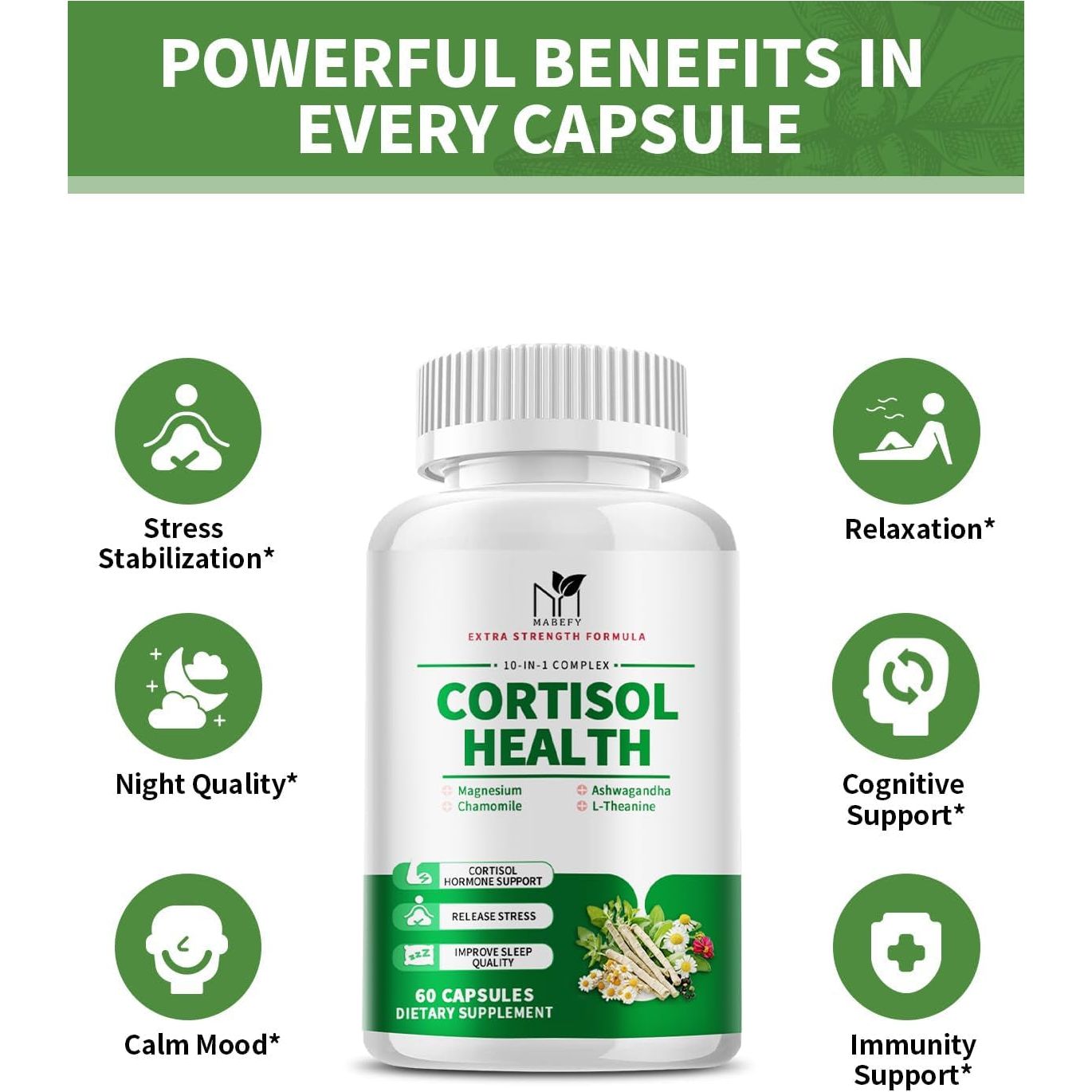 Cortisol Supplement - 10 in 1 Cortisol Manager & Stress Relief for Women - 60 Vegetarian Capsules