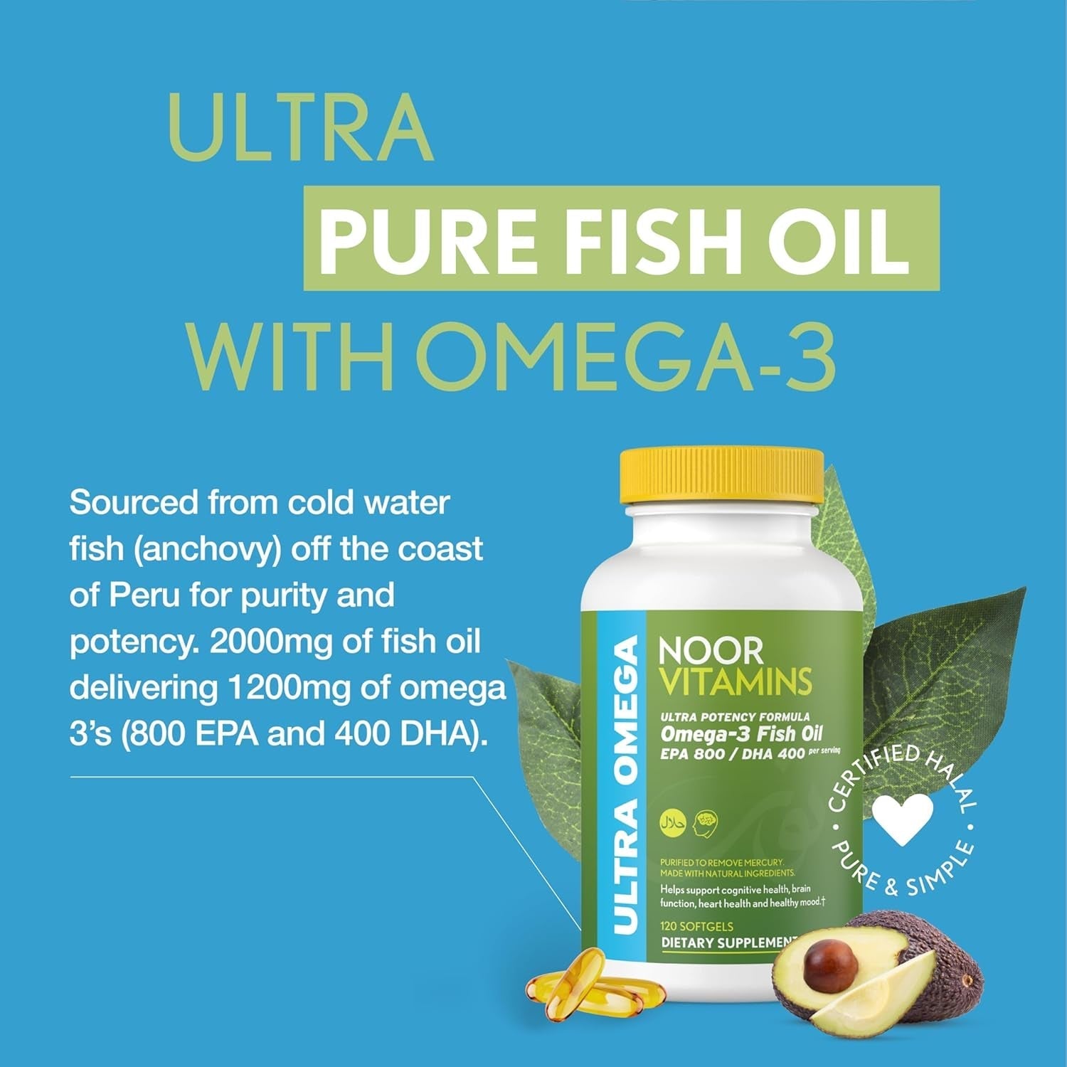 Noor Vitamins Halal Fish Oil, Ultra Omega 3 Wild Peruvian Fish Oil (800 Mg EPA & 400 Mg DHA) (120 Count)