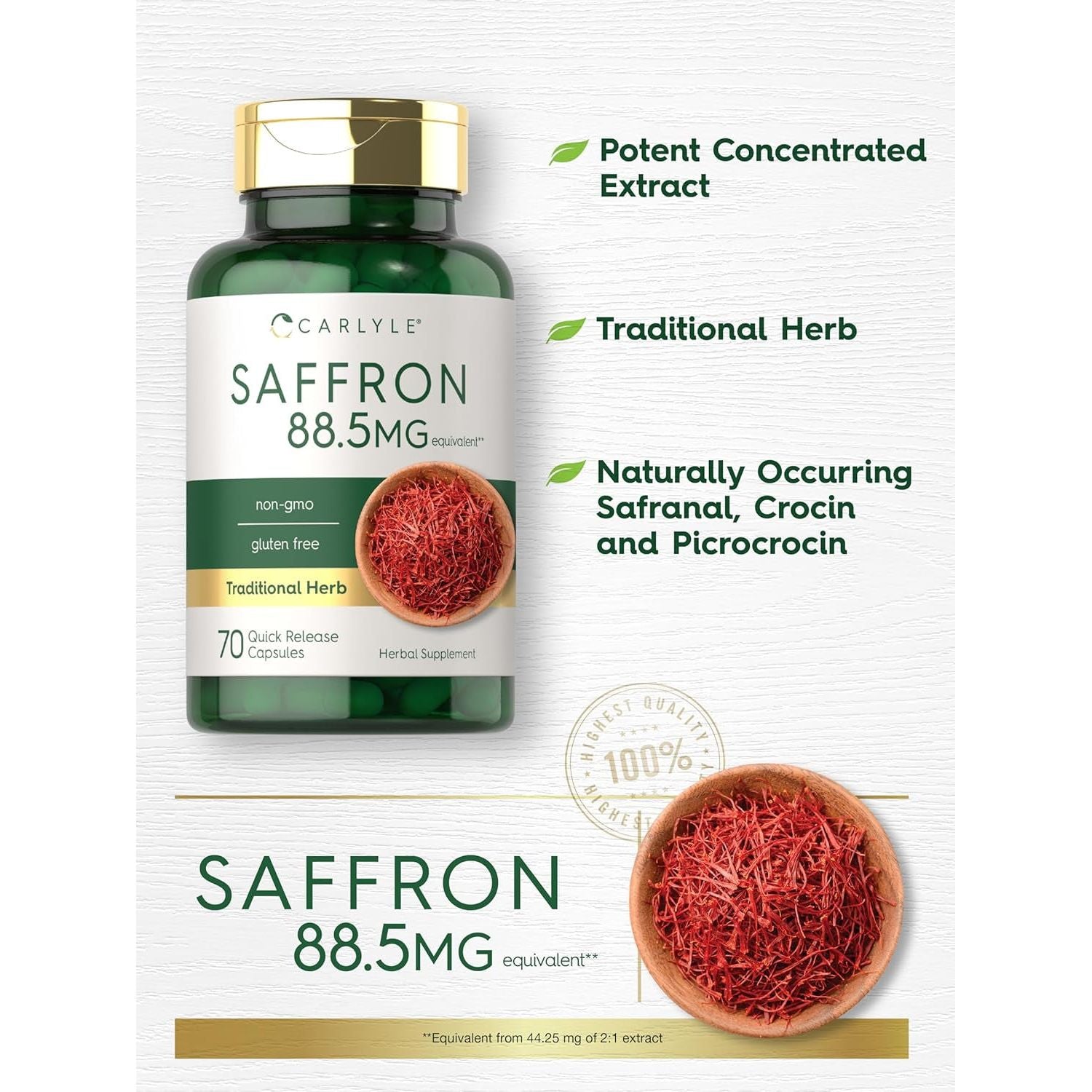 Carlyle Saffron Extract Supplement | 88.5Mg | 70 Capsules | for Women & Men | Non-Gmo & Gluten Free Supplement