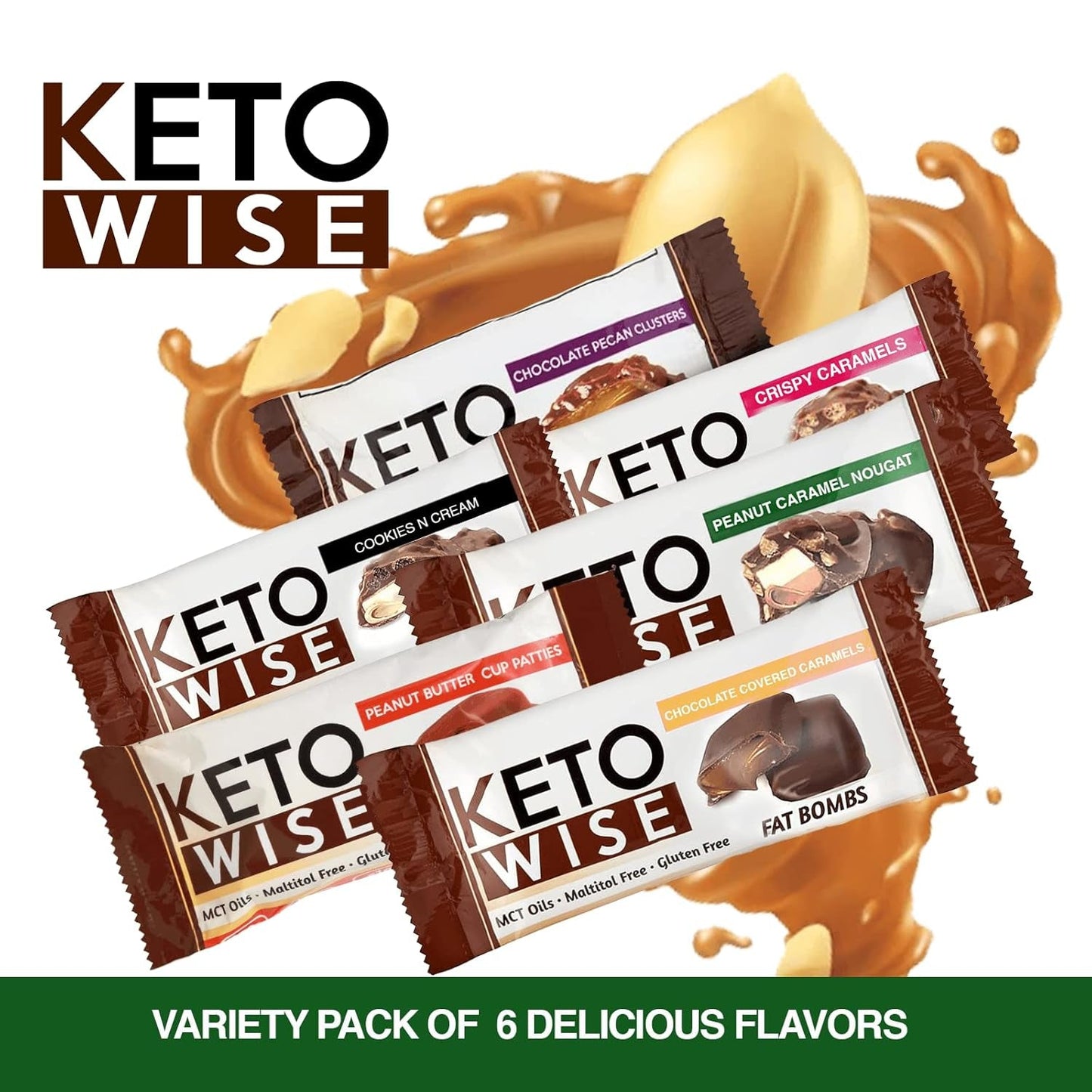 Keto Wise Fat Bombs - Made with Chocolate Containing MCT Oil - 7G Fat, 2G Net Carbs | Peanut Caramel Nougat, Pack of 16
