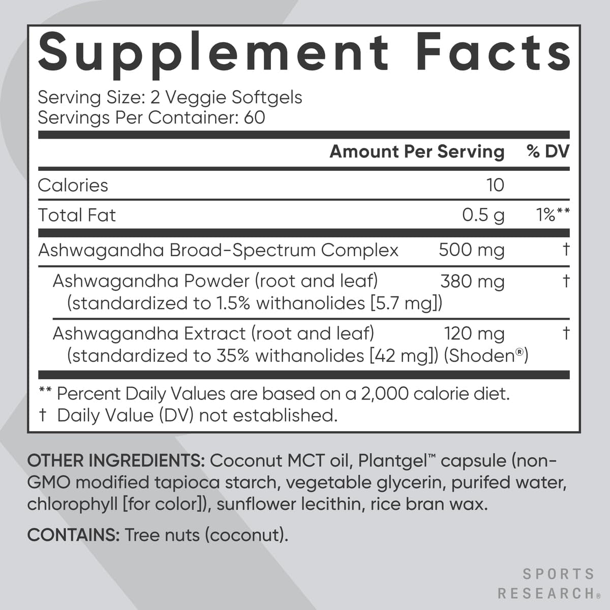 Sports Research® Ashwagandha Softgels with Coconut MCT Oil for Relaxation, Calm & Sleep Support - 120 Count