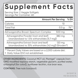 Sports Research® Ashwagandha Softgels with Coconut MCT Oil for Relaxation, Calm & Sleep Support - 120 Count