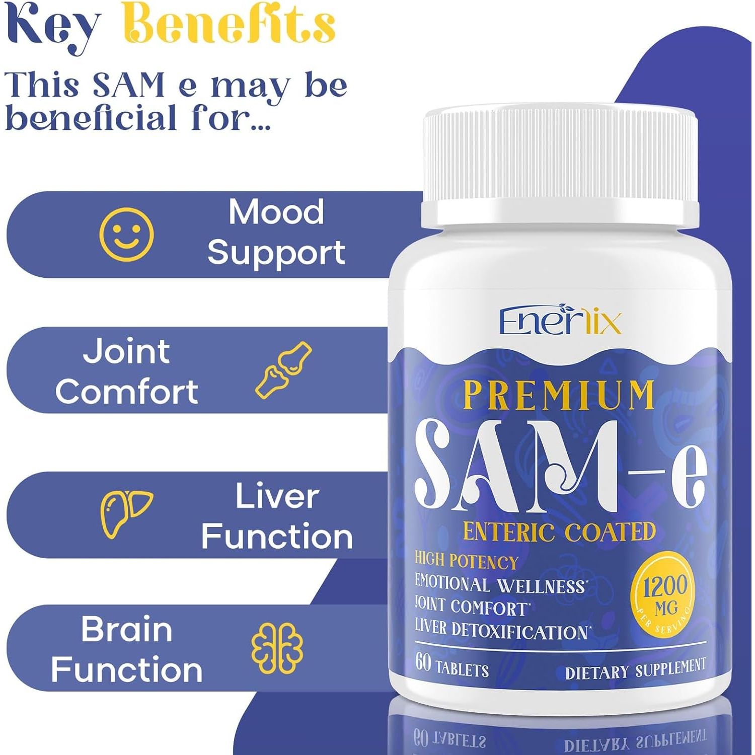 1200 MG SAM E Supplement for Brain, Mood, Joint, and Liver, 60 Tablets, Vegan