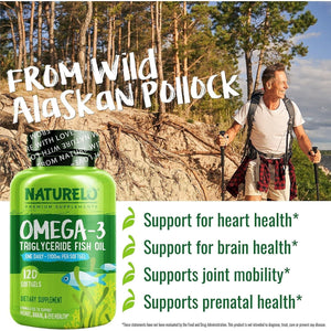 NATURELO Burpless Omega 3 Fish Oil Supplement - 1100Mg Triglyceride Omega-3, EPA + DHA 120 Softgels