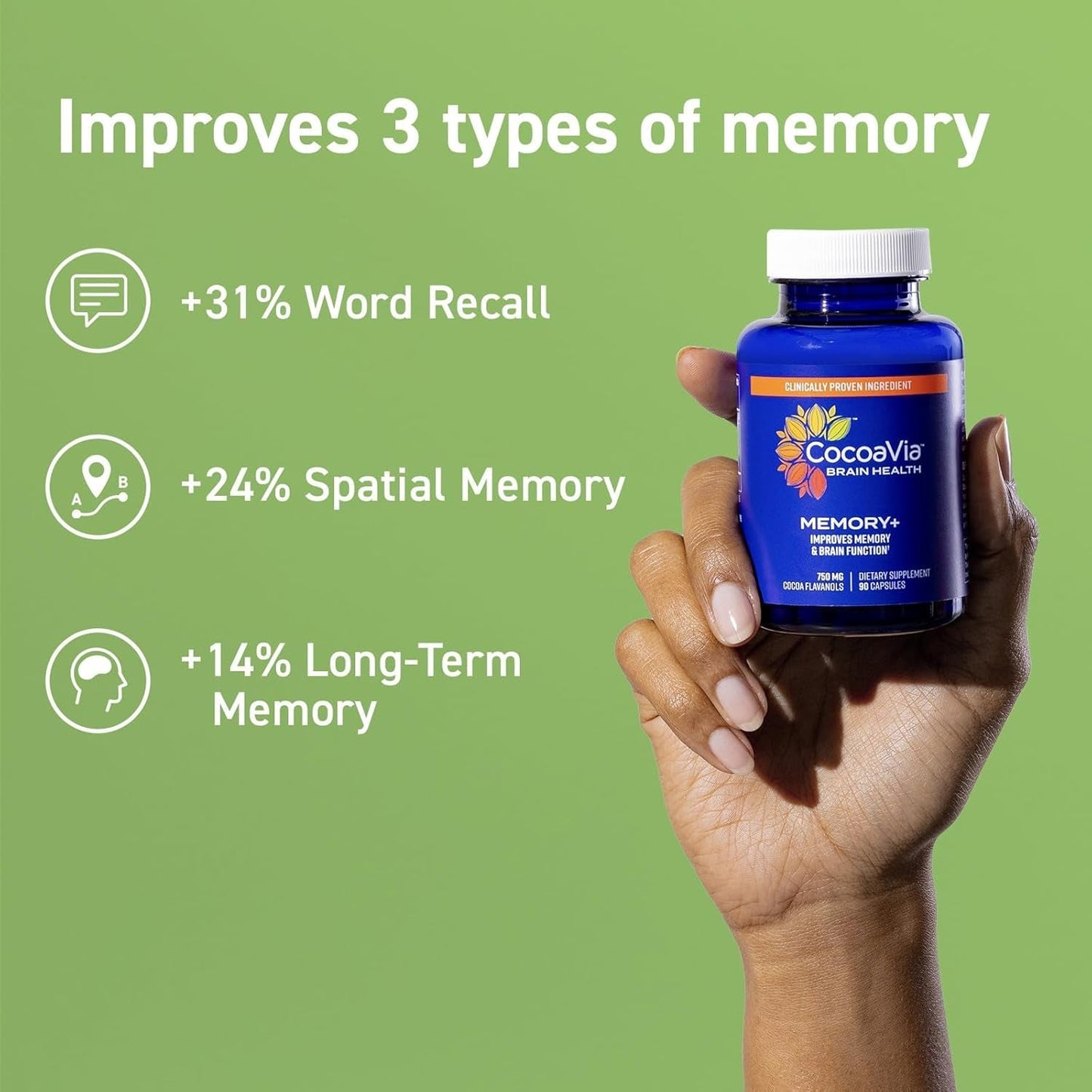 Cocoavia Memory+ Brain Supplement, Clinically Proven Memory and Brain Booster, 750 Mg Cocoa Flavanols Capsules, 30 Day Supply