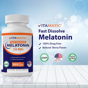 Vitamatic Melatonin 10Mg - 1 Year Supply | Natural Berry Flavor - 365 Tablets