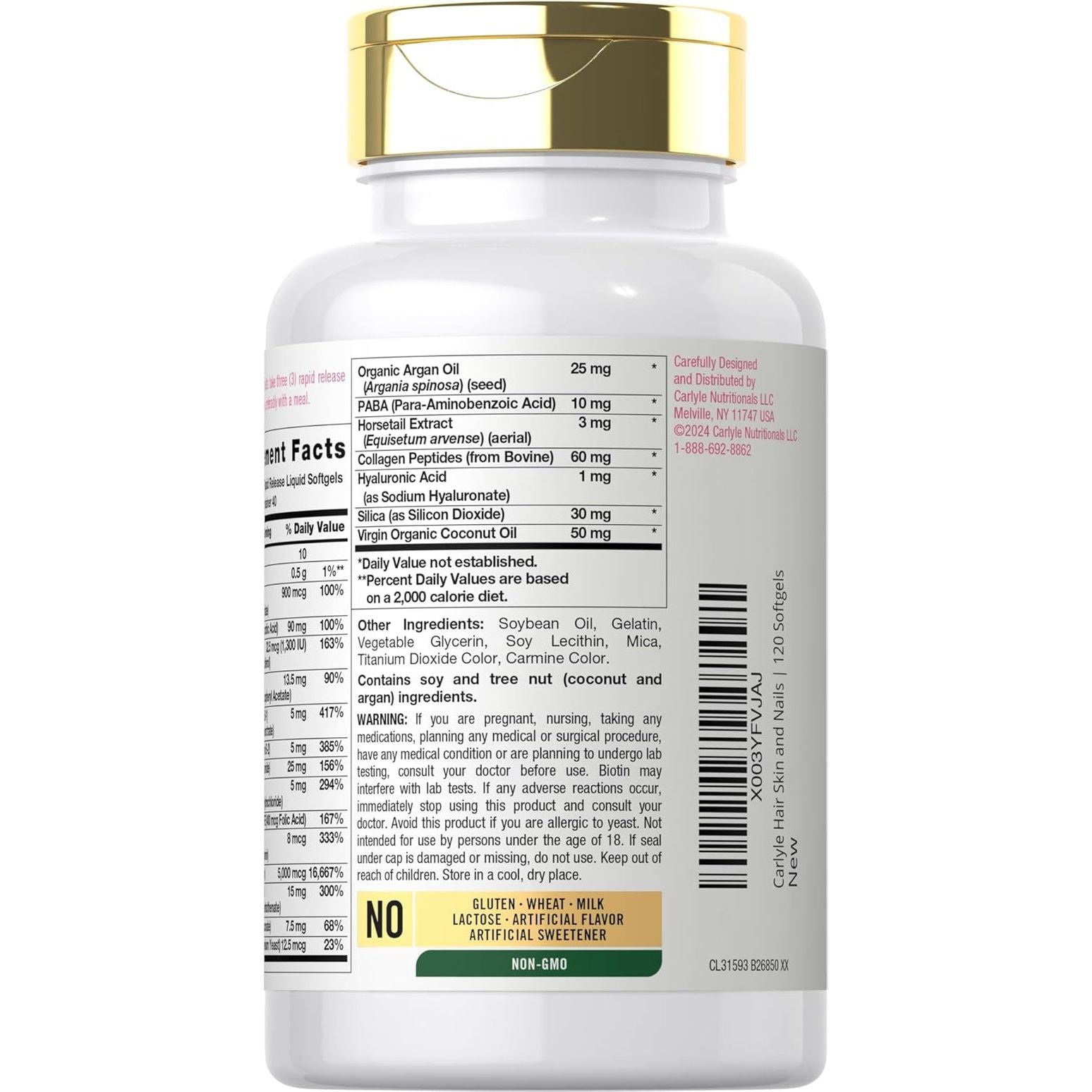 Carlyle Hair Skin and Nails Vitamin | 120 Softgels | Beauty Formula Supplement | with Biotin and Collagen | Non-Gmo, Gluten Free