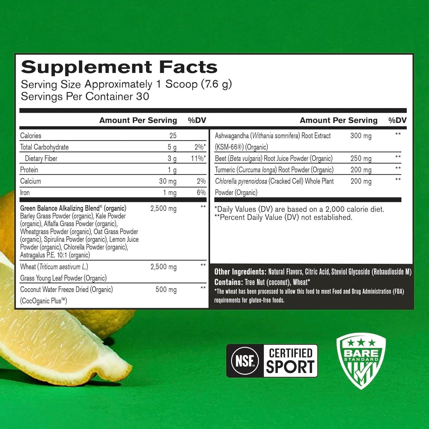BARE PERFORMANCE NUTRITION, BPN Strong Greens Superfood Powder, Lemon, 30 Servings