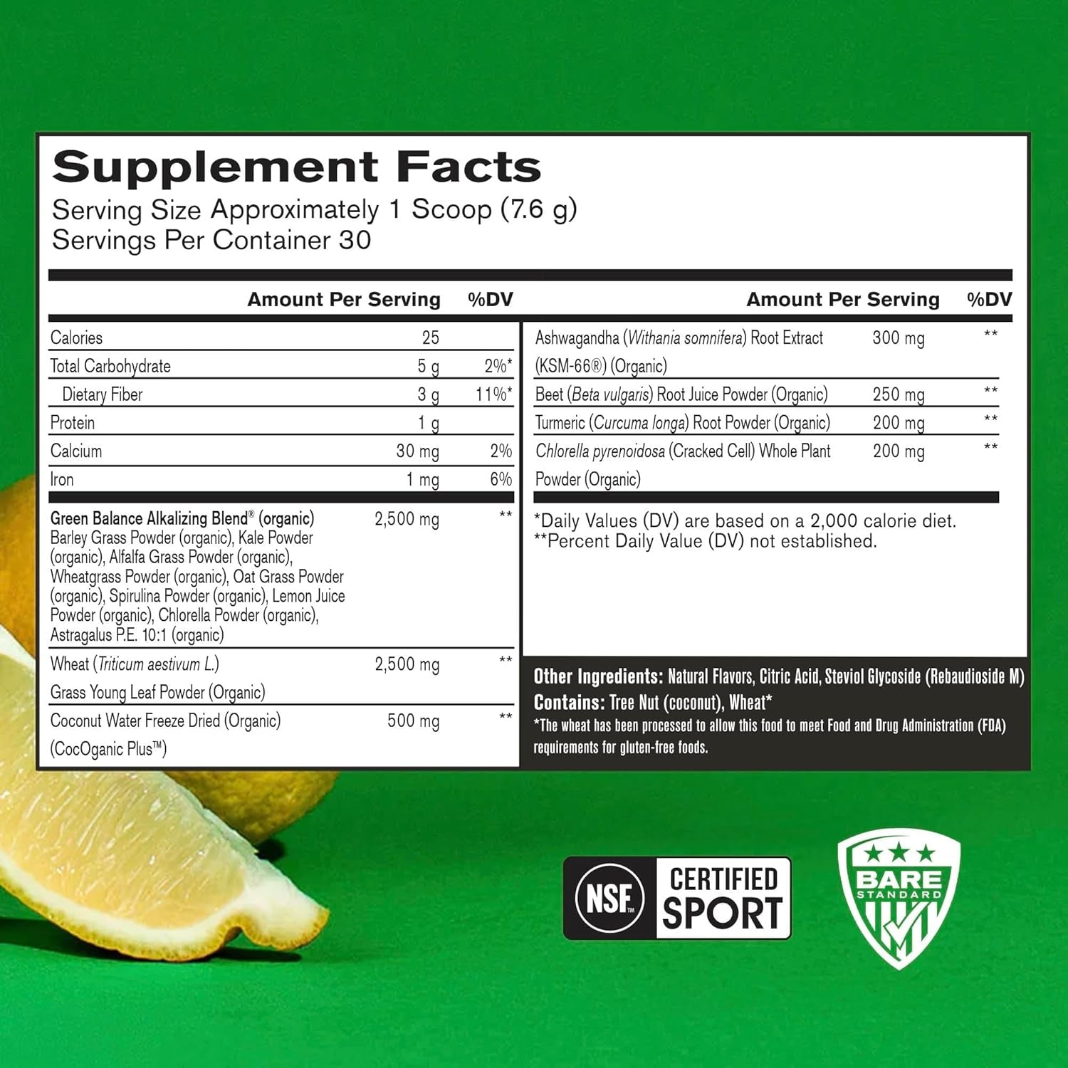 BARE PERFORMANCE NUTRITION, BPN Strong Greens Superfood Powder, Lemon, 30 Servings