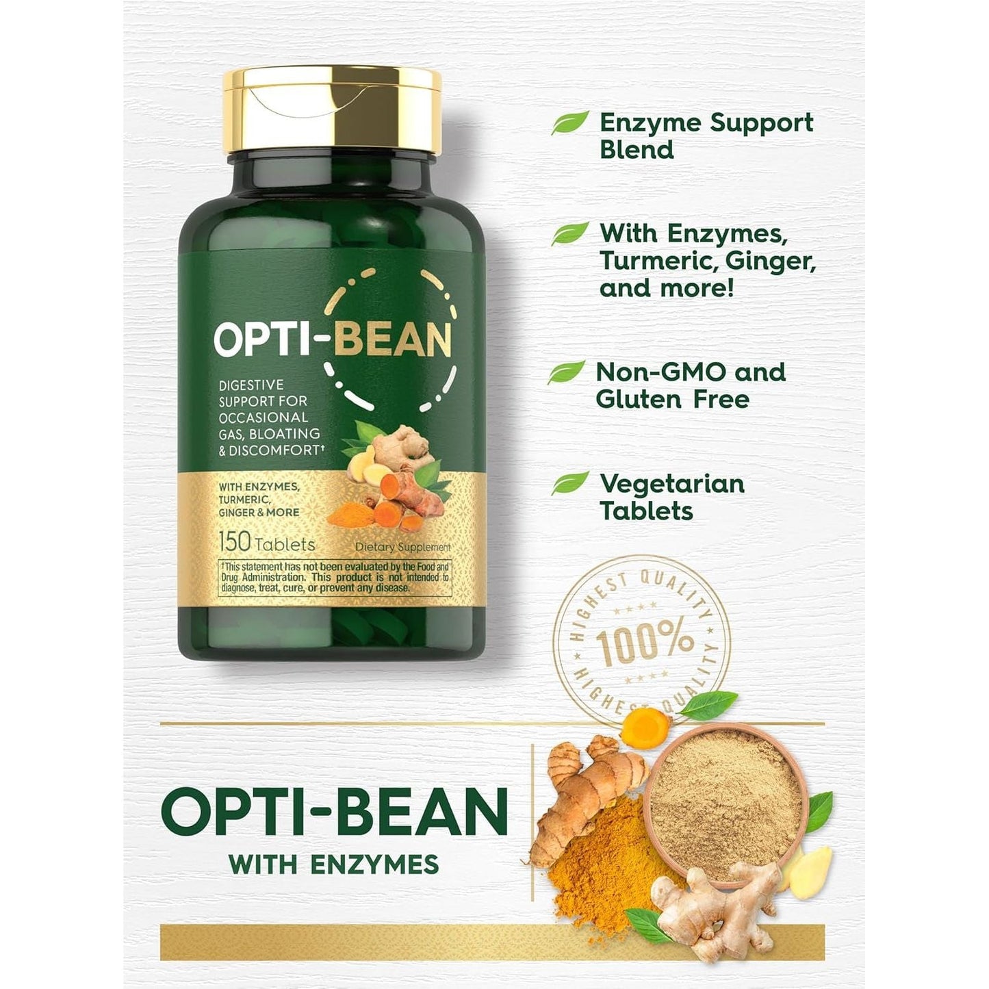 Carlyle Opti-Bean | Digestive Support | Gas, Bloating & Discomfort Enzyme Blend 150 Tablets