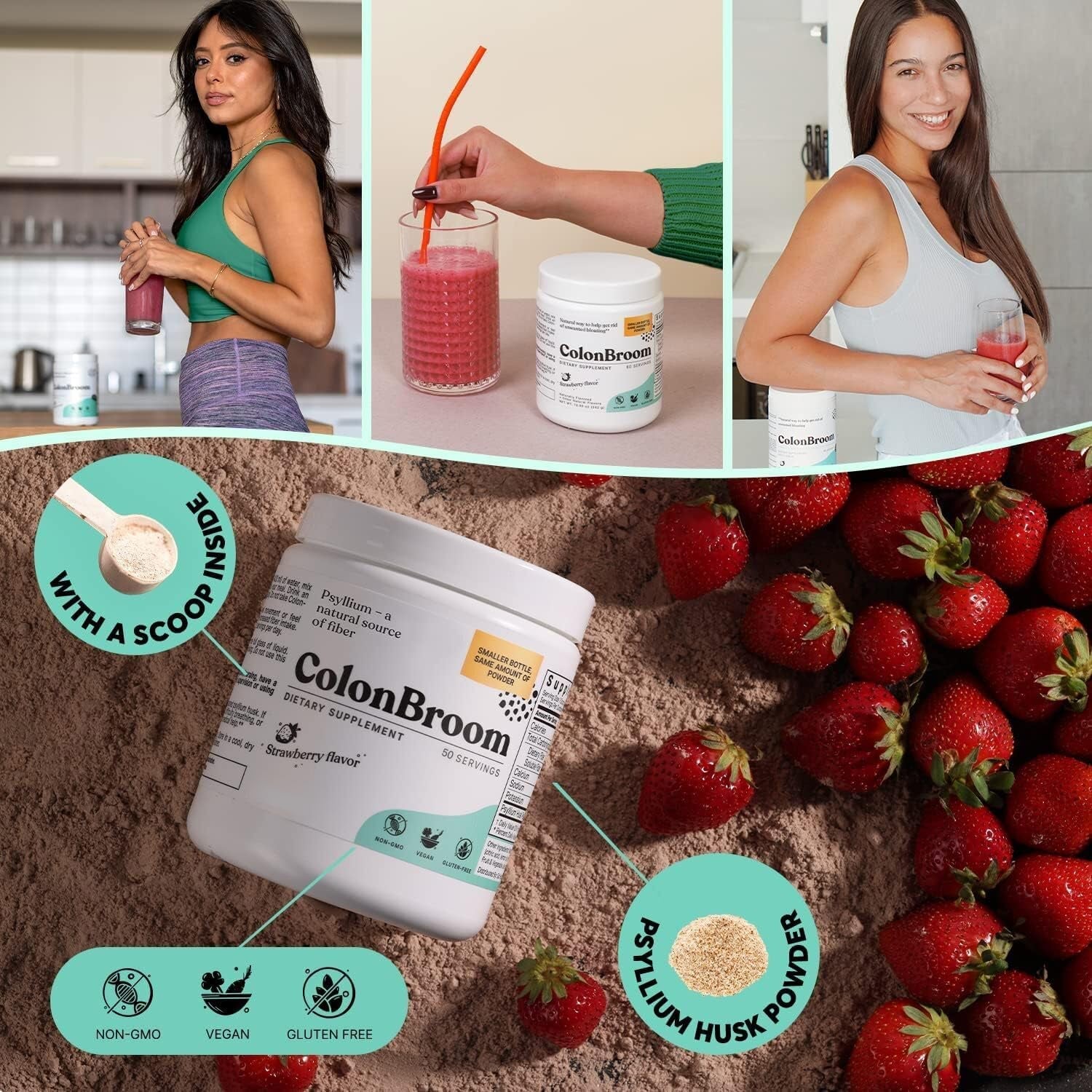 Colonbroom Psyllium Husk Powder (Strawberry) - Colon Cleanse for Bloating Relief & Gut Health - 50 Servings