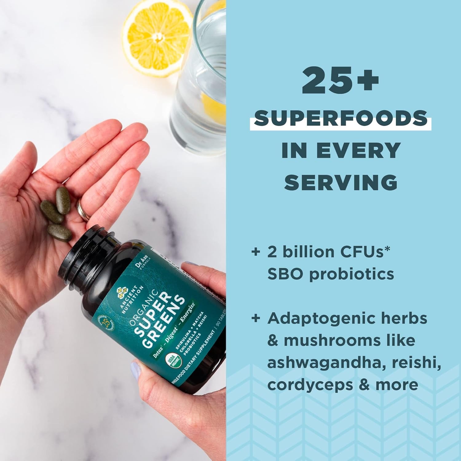Ancient Nutrition Super Greens with Probiotics, Organic Superfood Tablets 30 Servings, 90 Count