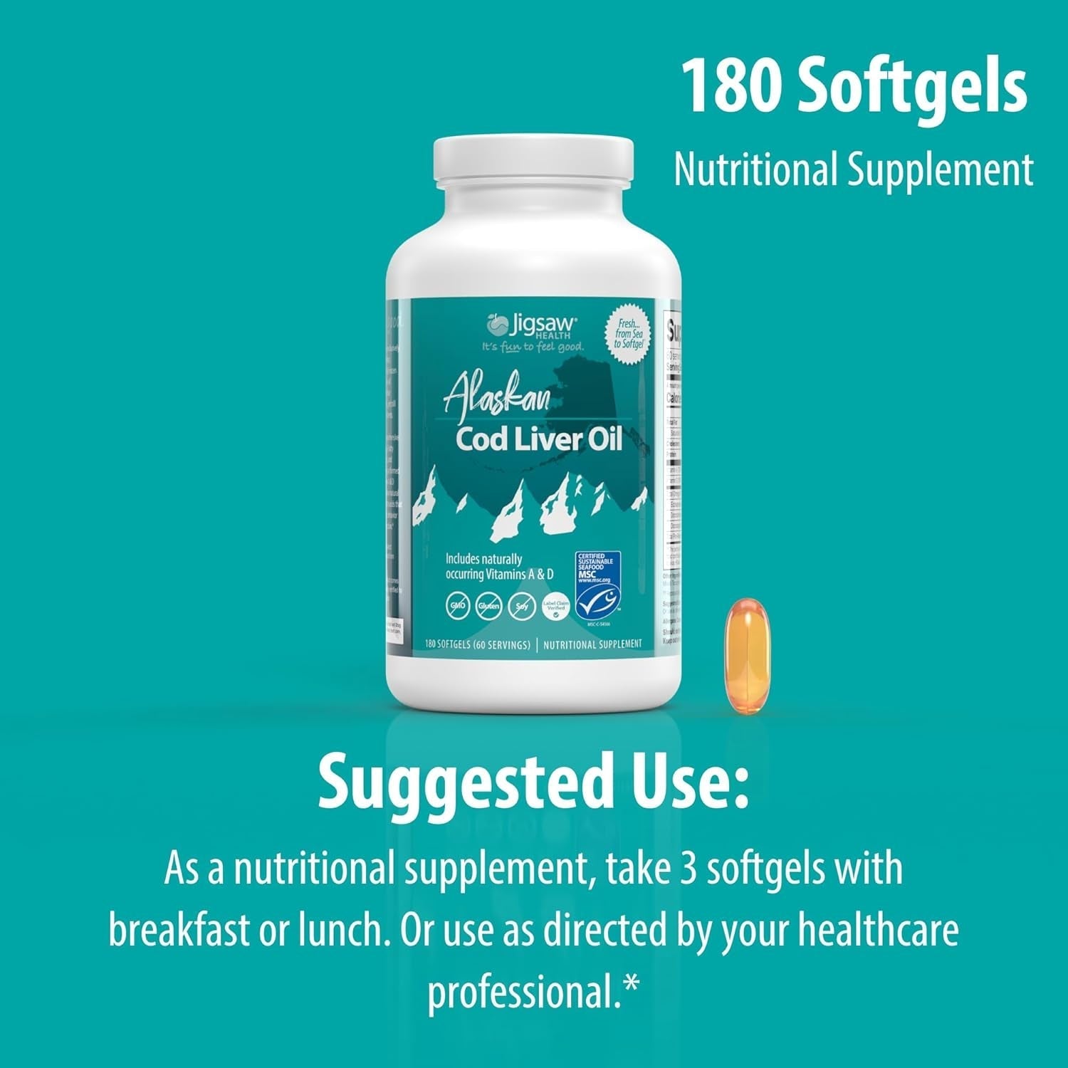 Jigsaw Health Alaskan Cod Liver Oil | 900 Mg Omega-3S with EPA, DHA, and DPA 60 Servings