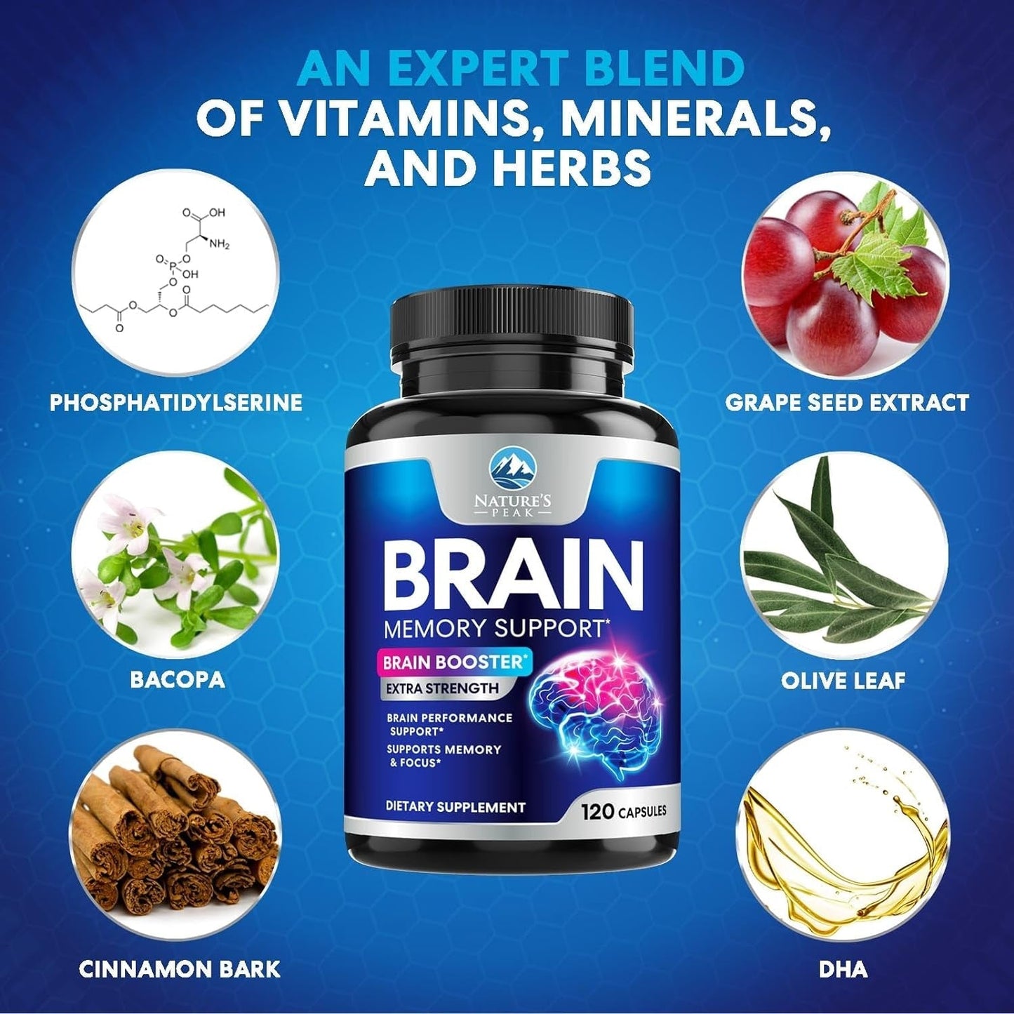Brain Supplement Memory Pills - Nootropics Support for Concentration, Clarity, Energy & Focus 120 Capsules
