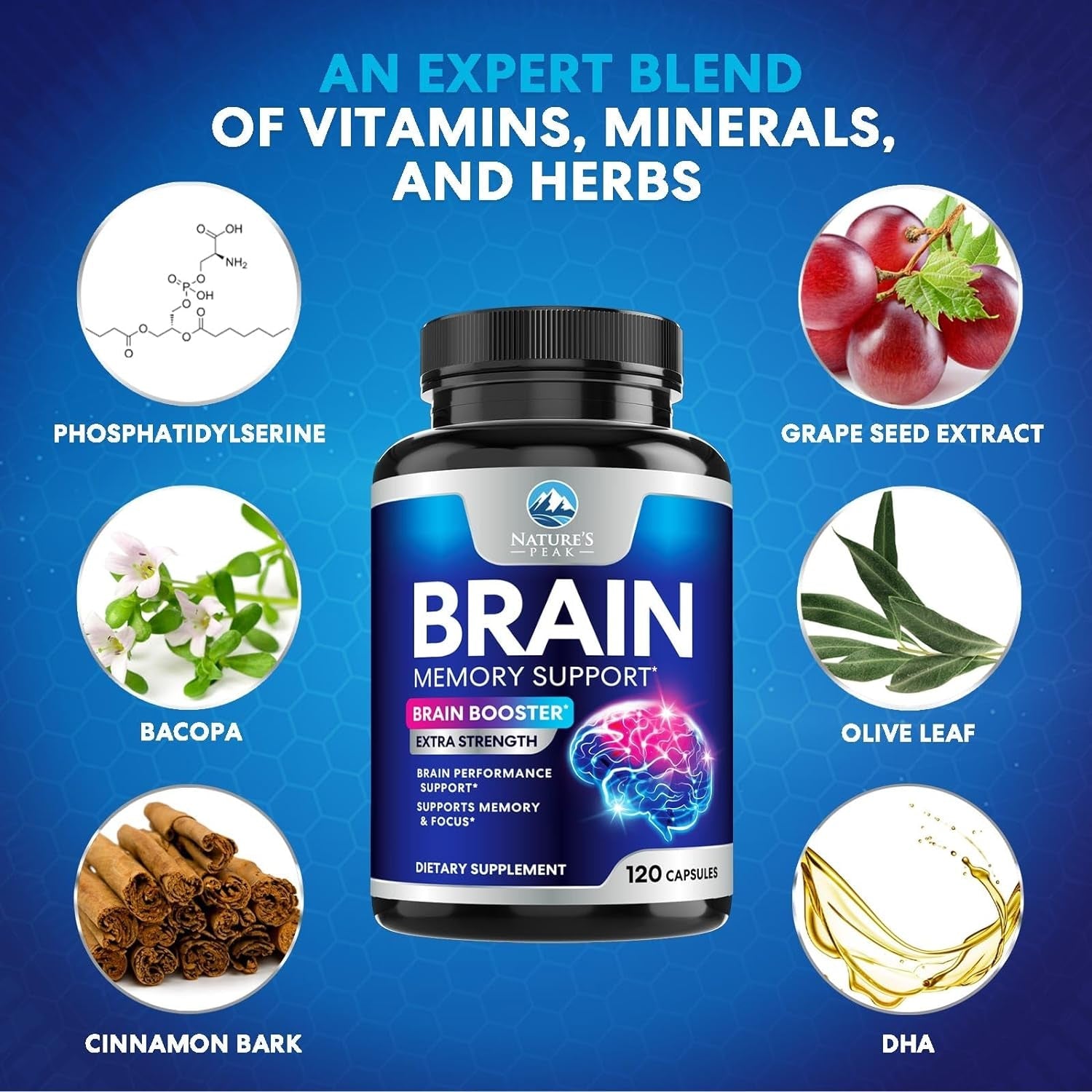 Brain Supplement Memory Pills - Nootropics Support for Concentration, Clarity, Energy & Focus 120 Capsules