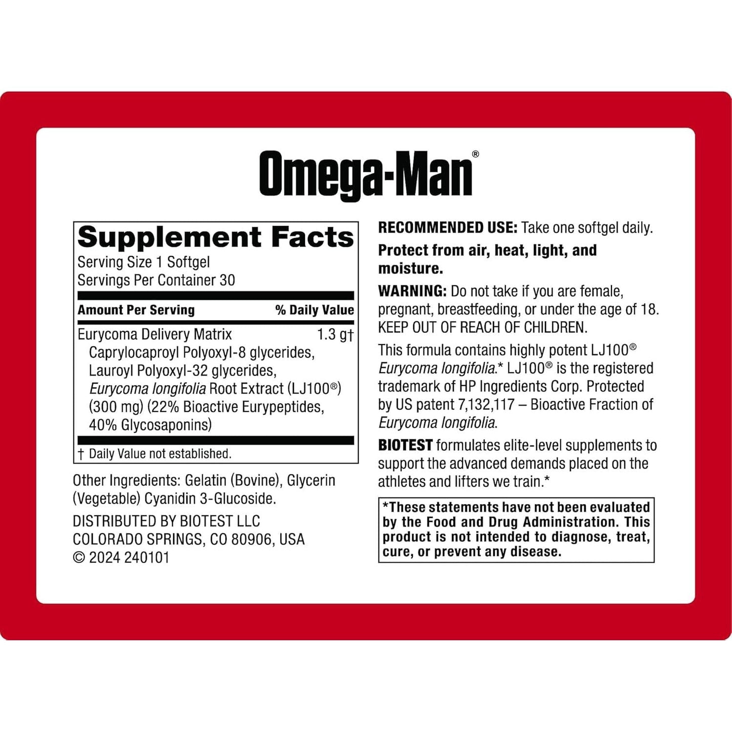 Omega-Man 300Mg LJ100 – Elevates Free Testosterone with Enhanced Absorption - 30 Softgels