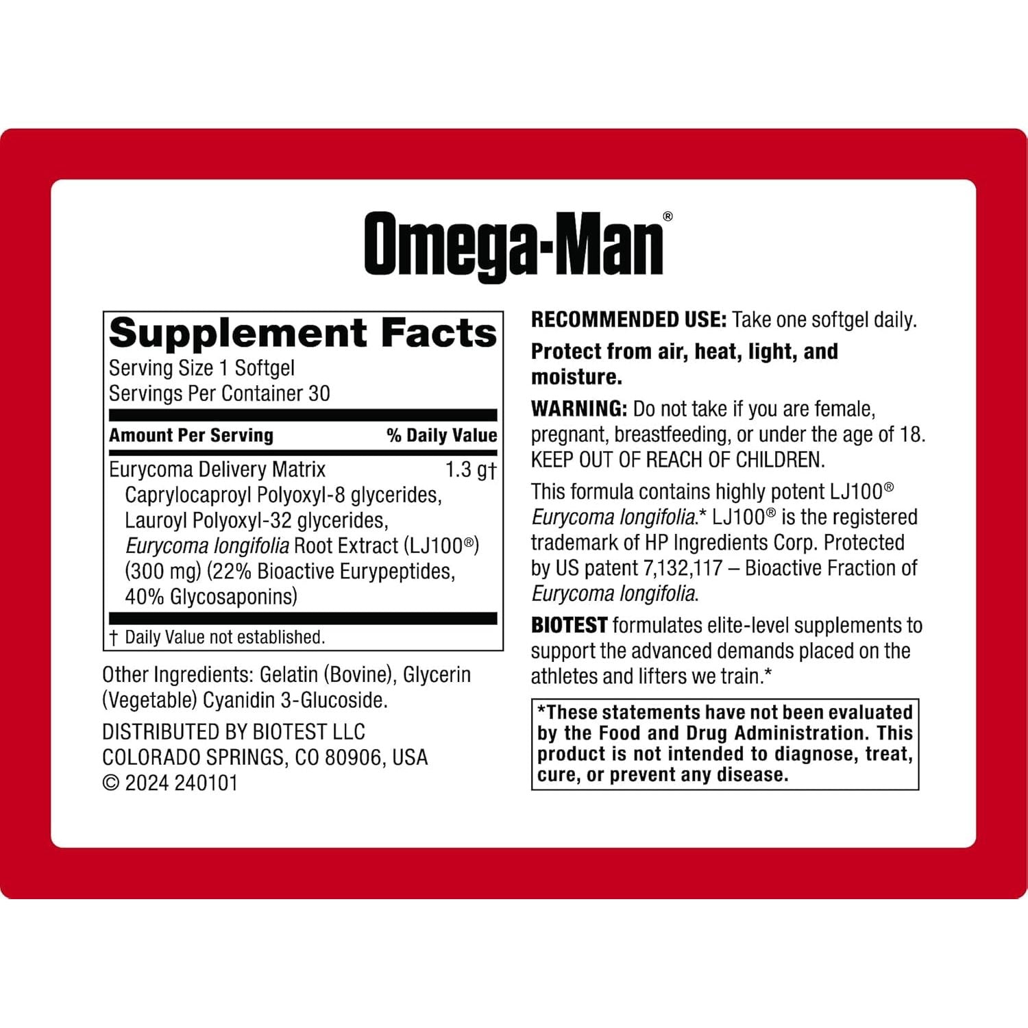 Omega-Man 300Mg LJ100 – Elevates Free Testosterone with Enhanced Absorption - 30 Softgels