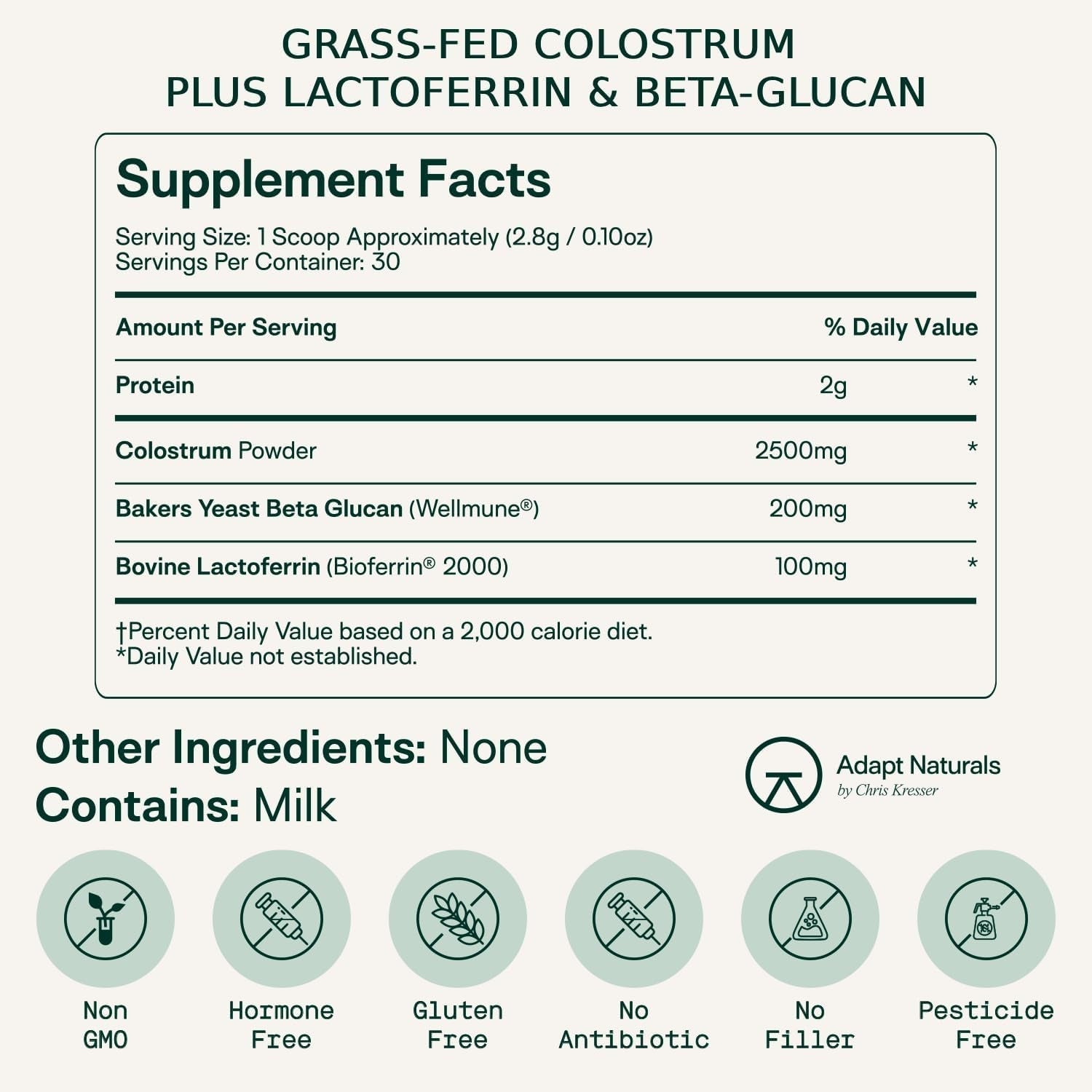 Adapt Naturals Colostrum Supplement with Lactoferrin & Beta Glucan for Gut Health, Immune Support & Vitality 2500Mg- 30 Days Supply