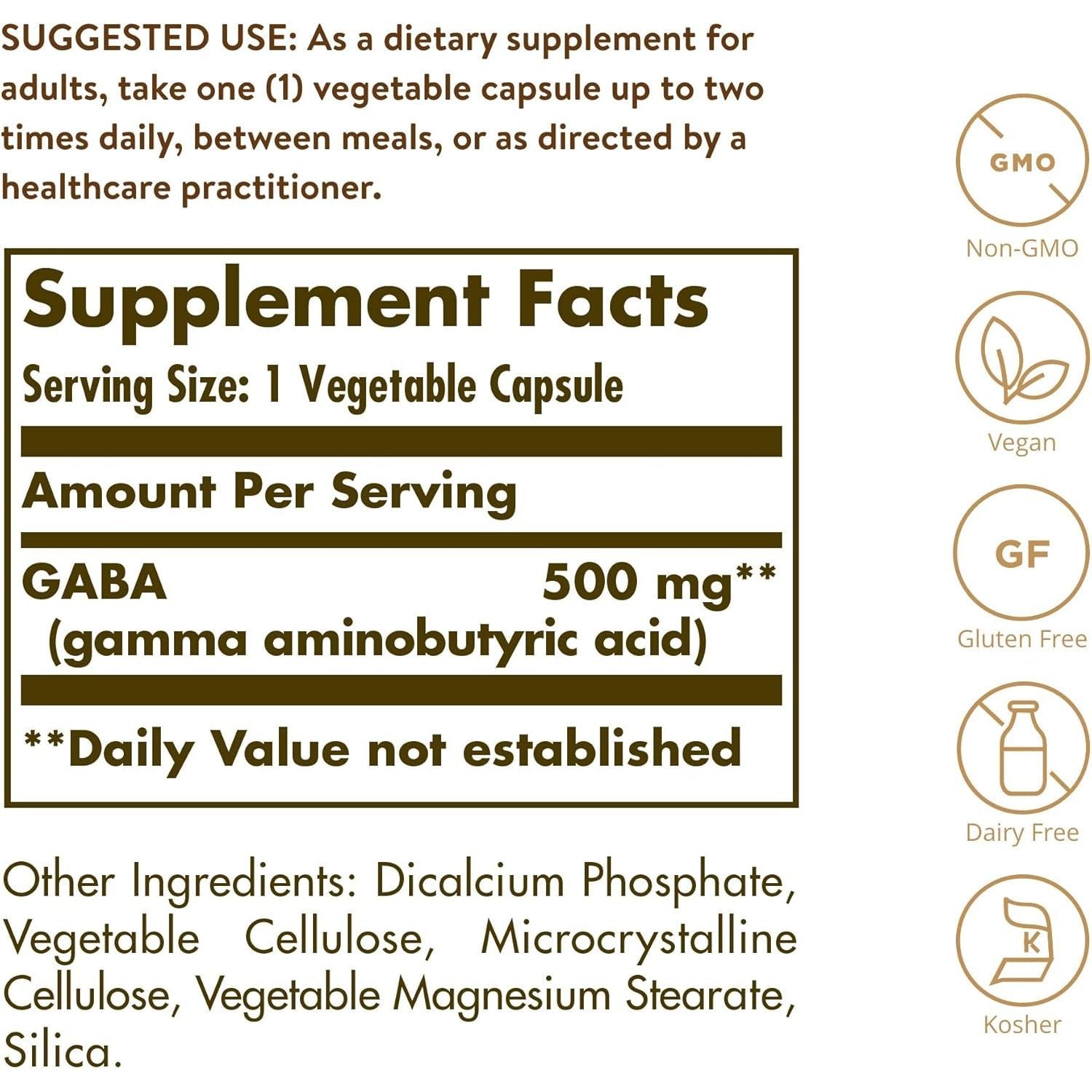 Solgar GABA 500 Mg - Relaxation & Nervous System Support 100 Vegetable Capsules