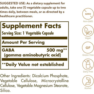 Solgar GABA 500 Mg - Relaxation & Nervous System Support 100 Vegetable Capsules