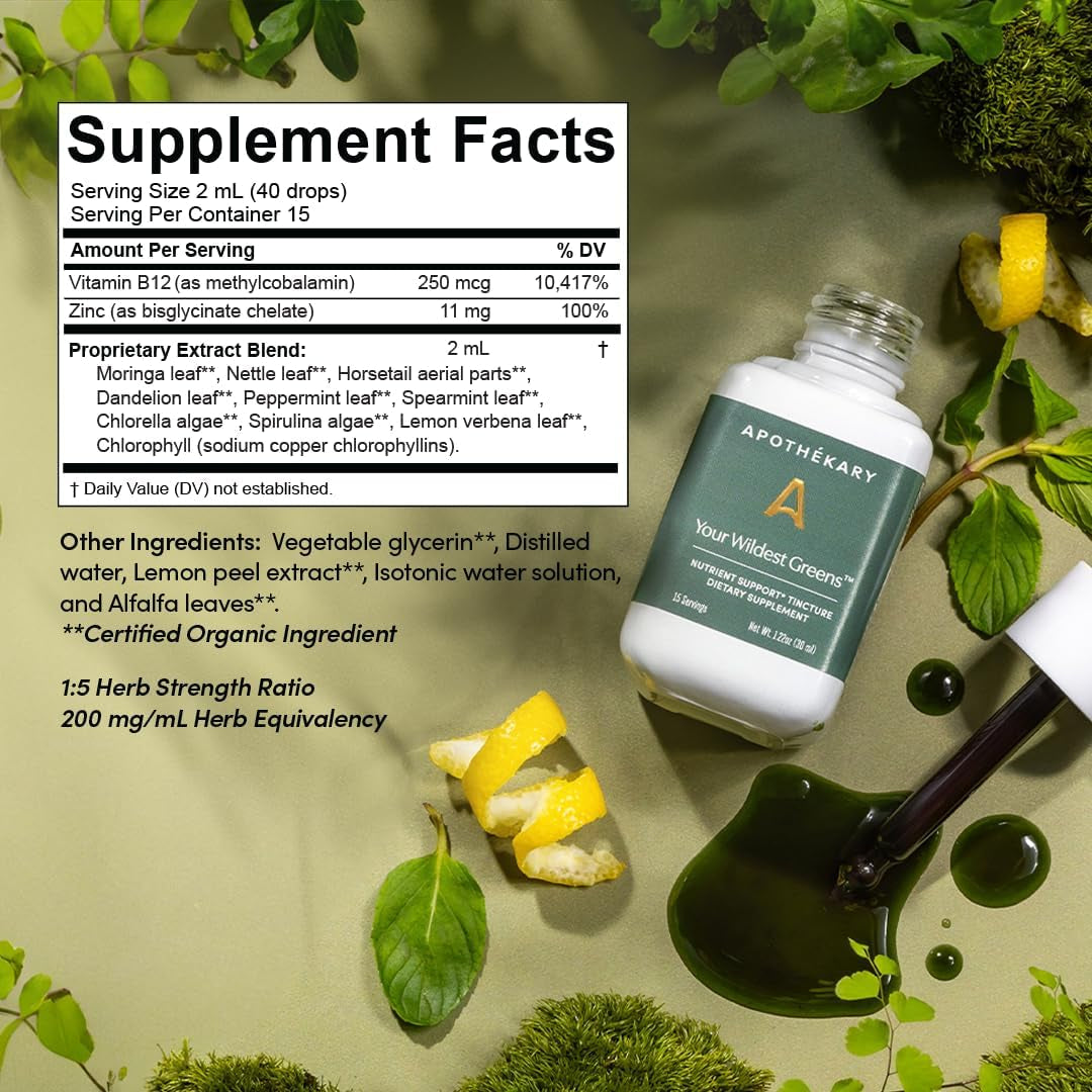 Apothékary Your Wildest Greens Tincture, All-In-One Daily Greens Superfood Supplement (15 Servings) 1.22Oz