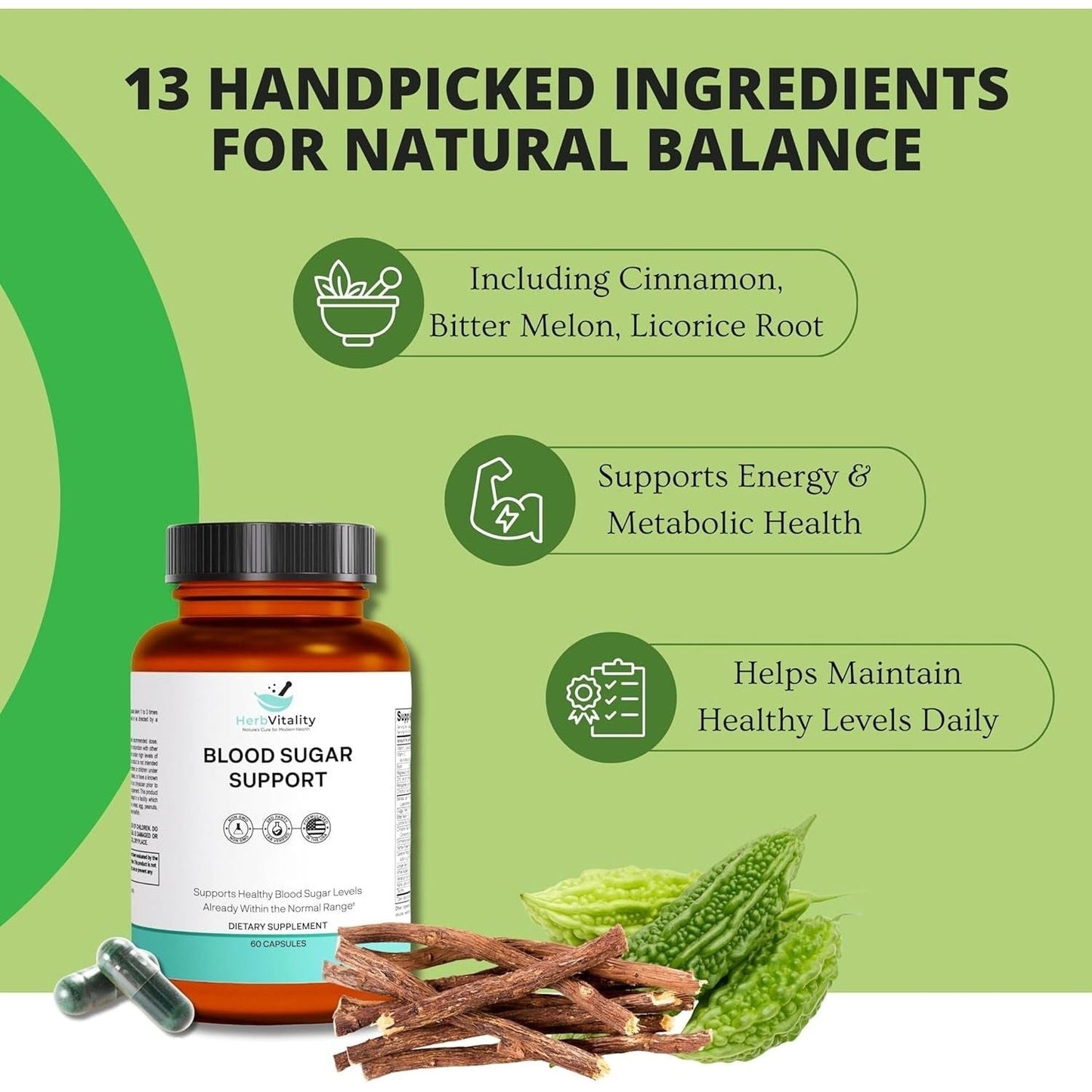 Blood Sugar Support Supplement with Cinnamon, Bitter Melon – Supports Healthy Blood Sugar Levels - 60 Capsules