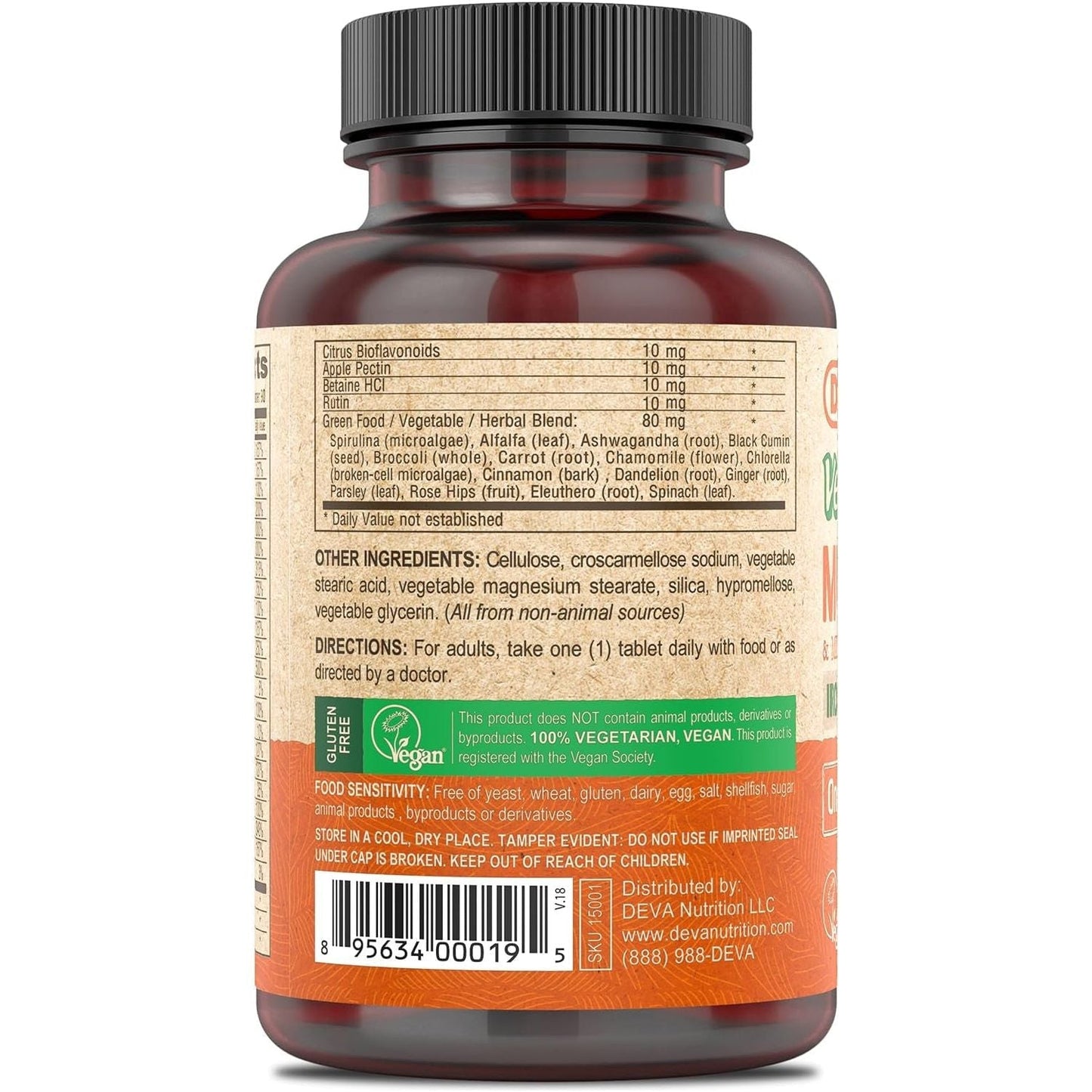 DEVA Vegan Multivitamin & Mineral Supplement Iron-Free -  Green Whole Foods, 100% Vegan - 90 Count
