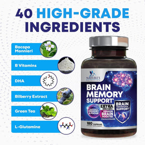 Brain Supplements for Memory and Focus - 40 Nootropics & Vitamins to Support Mental Alertness, Clarity & Concentration 180 Capsules