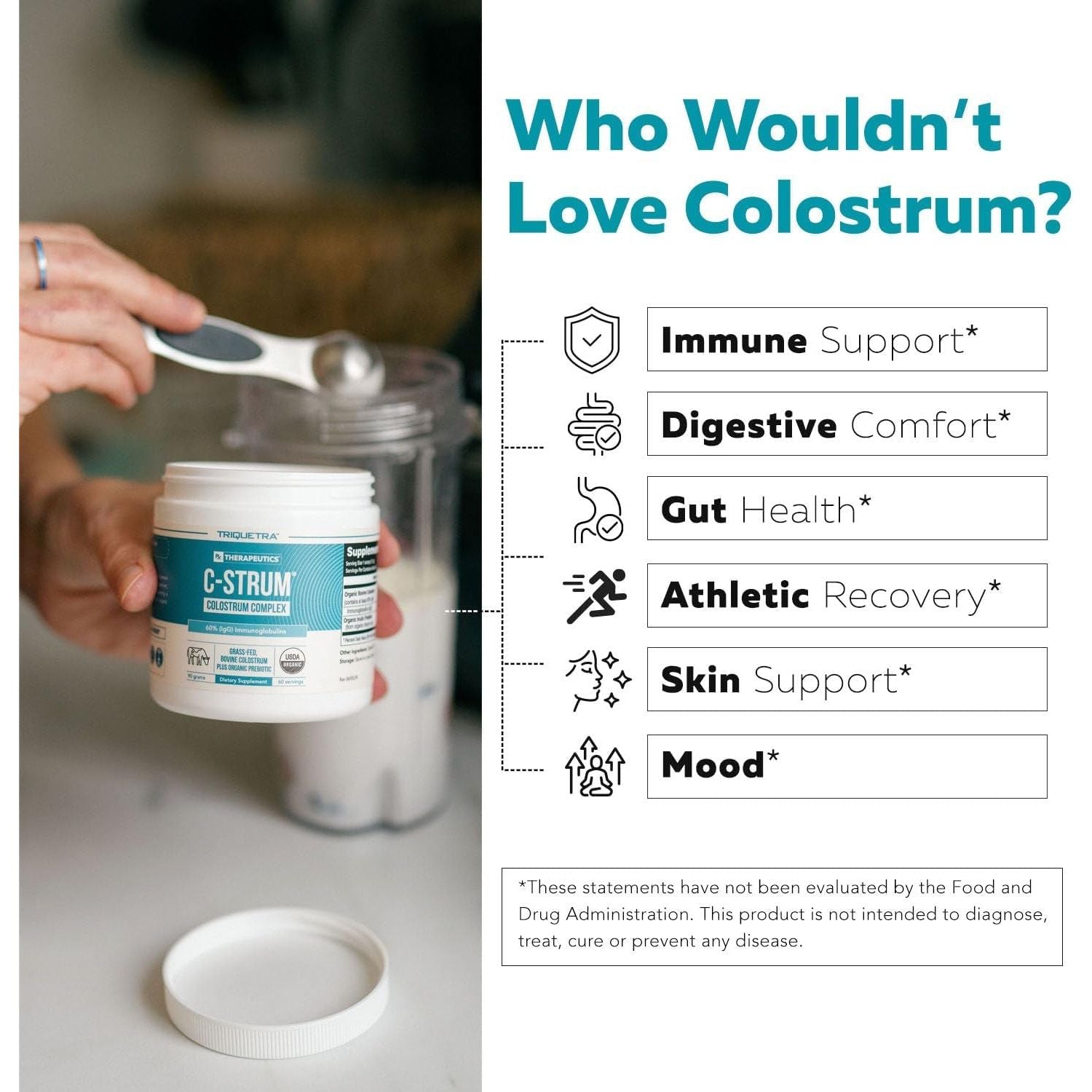 C-Strum® Organic Bovine Colostrum Powder, 60% Igg - Gut, Immunity, Skin & Hair Support (60 Servings)