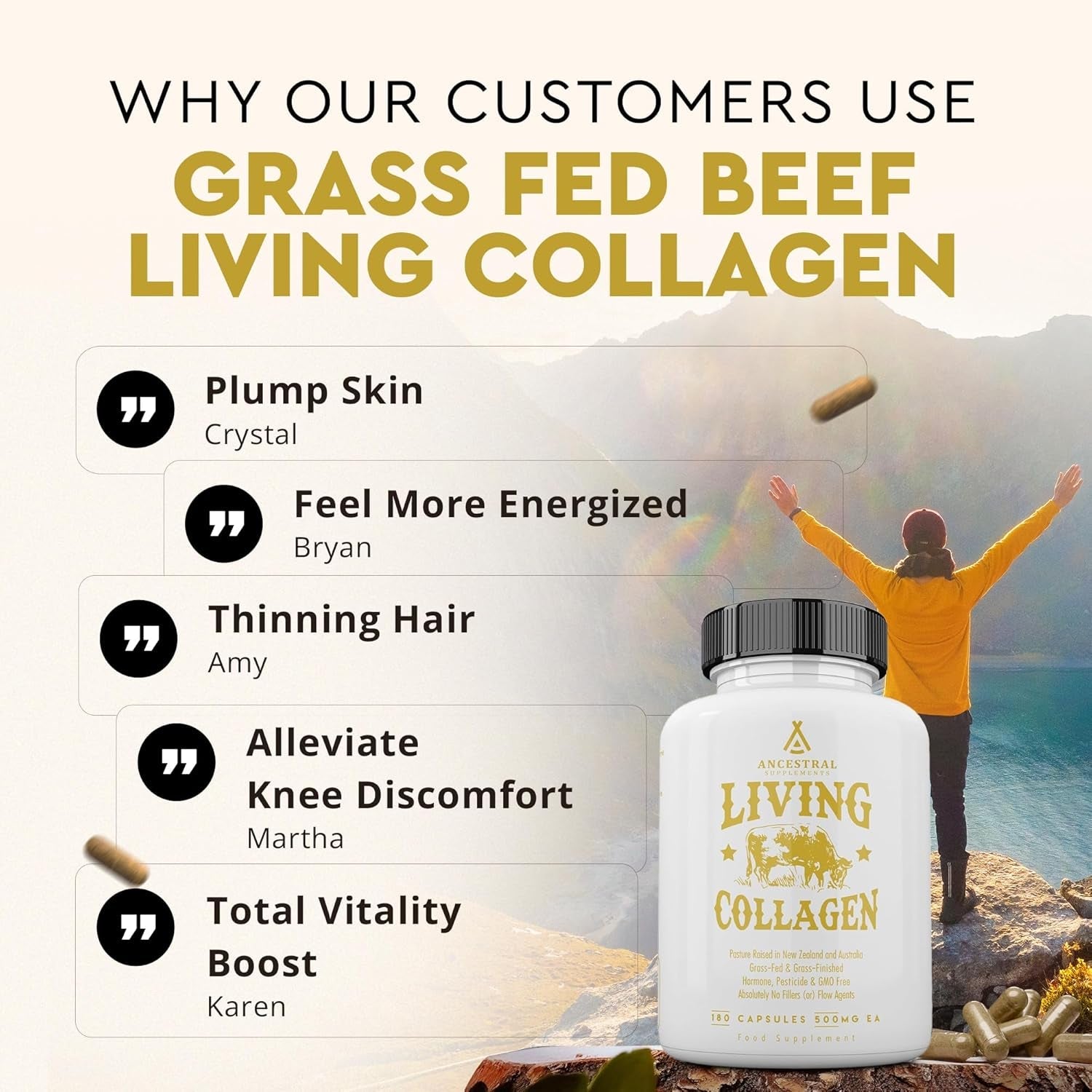 Ancestral Supplements Grass Fed Beef Living Collagen Nutritional Powder Supplement, 3000Mg 180 Capsules