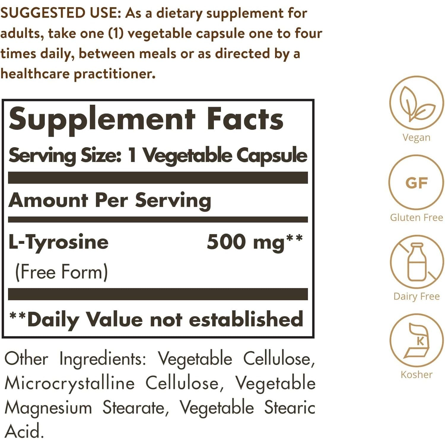 Solgar L-Tyrosine 500 Mg - Brain & Nervous System Support - 100 Servings
