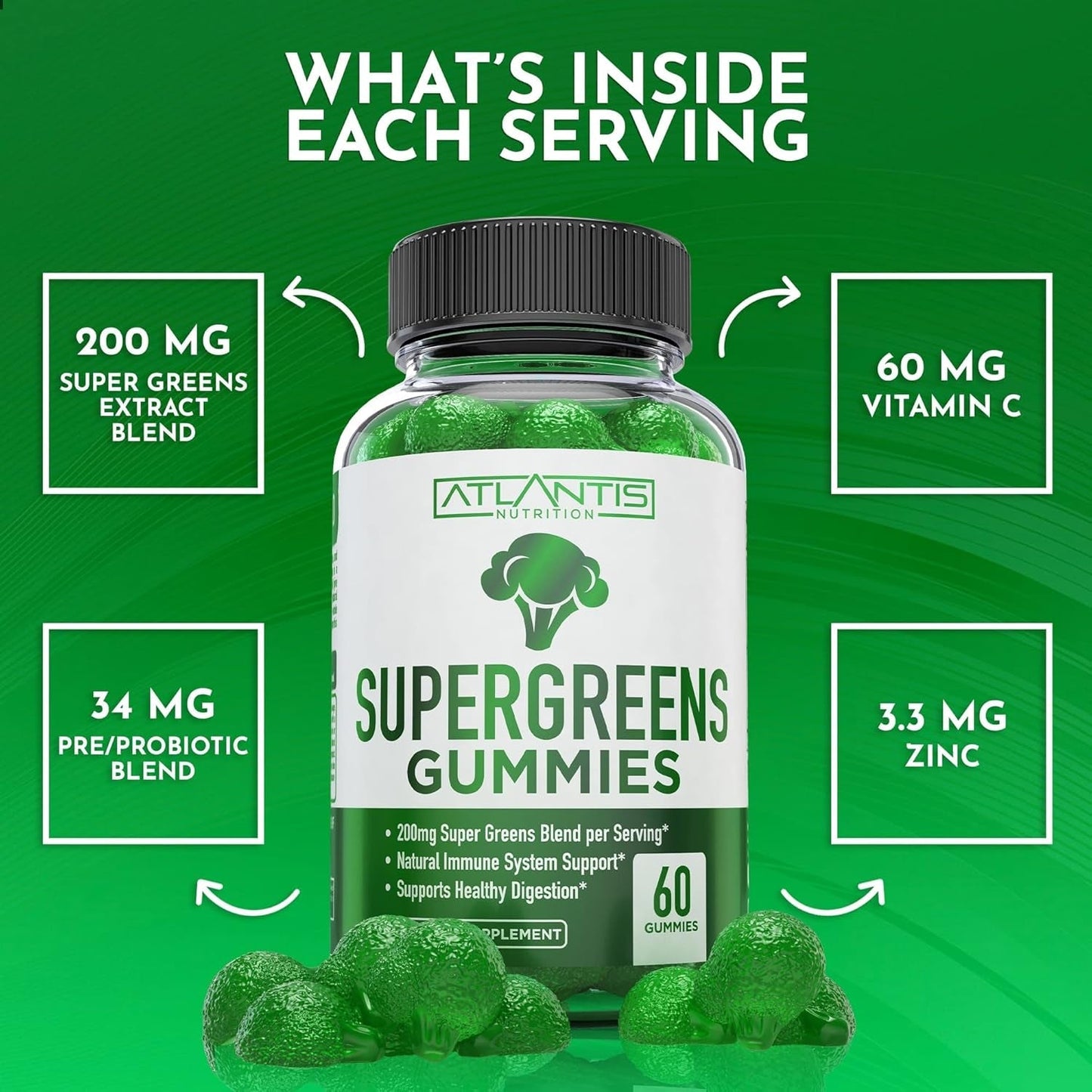 Atlantis Nutrition Supergreens Gummies - Daily Green Superfoods Supplement - Natural Raspberry Flavor, 60 Count
