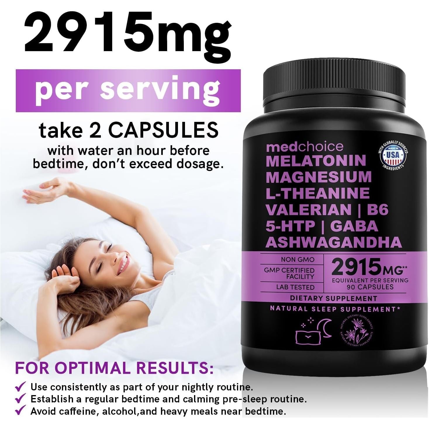 12-In-1 Melatonin Capsules - Natural Sleep Aids for Adults (90 Ct)