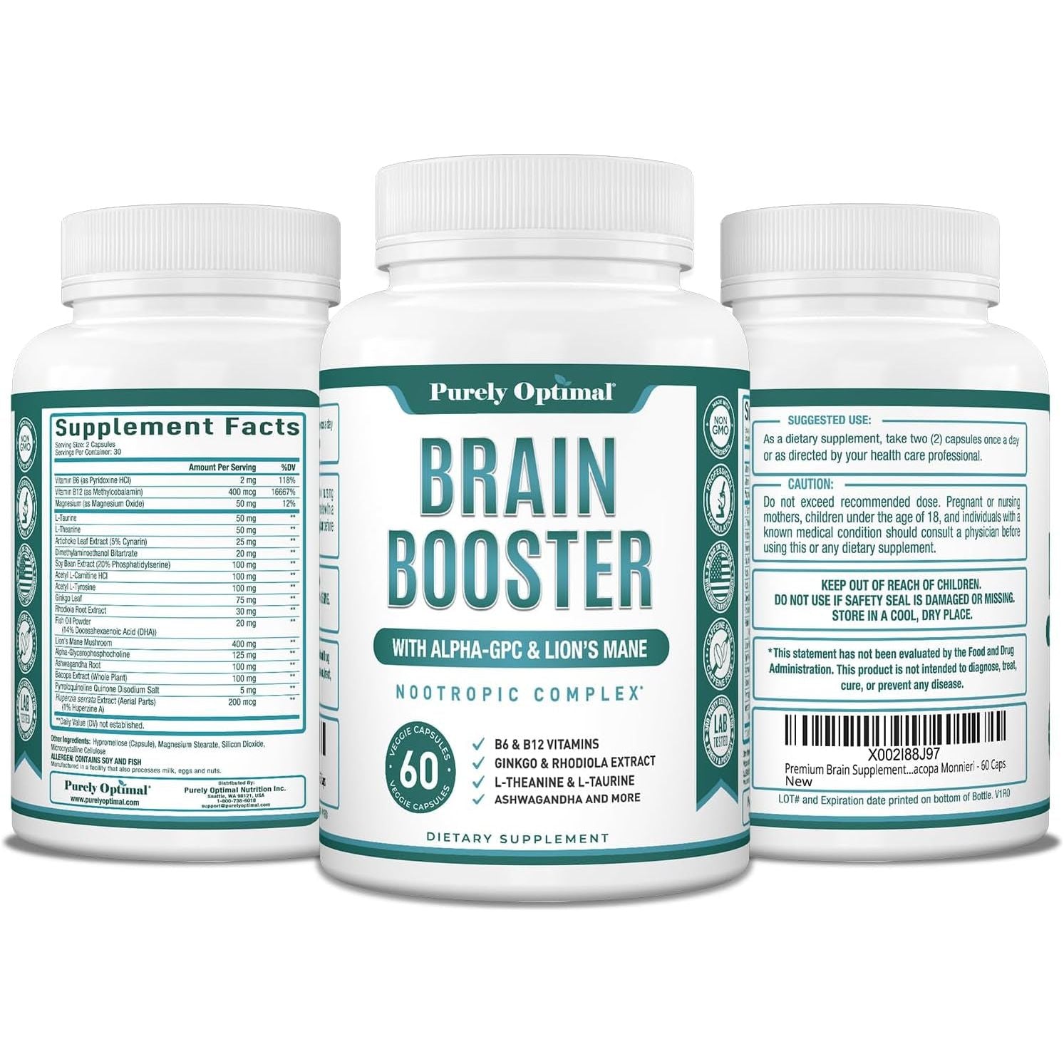 Purely Optimal Brain Supplement for Memory and Focus - 60 Capsules