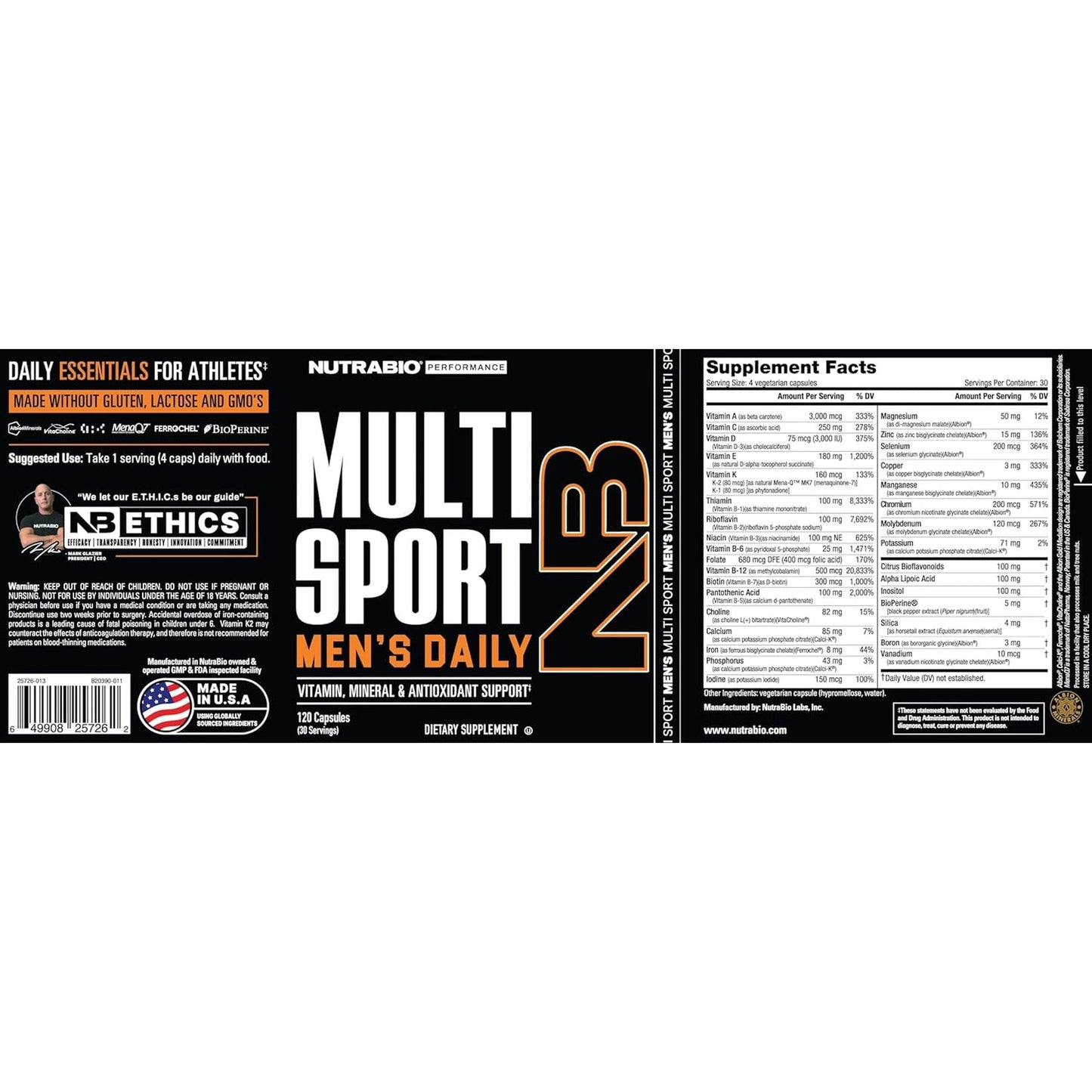 Nutrabio Multisport for Men - Multivitamin - 33 Vitamins, Minerals, Micronutrients (120 Vegetable Capsules)