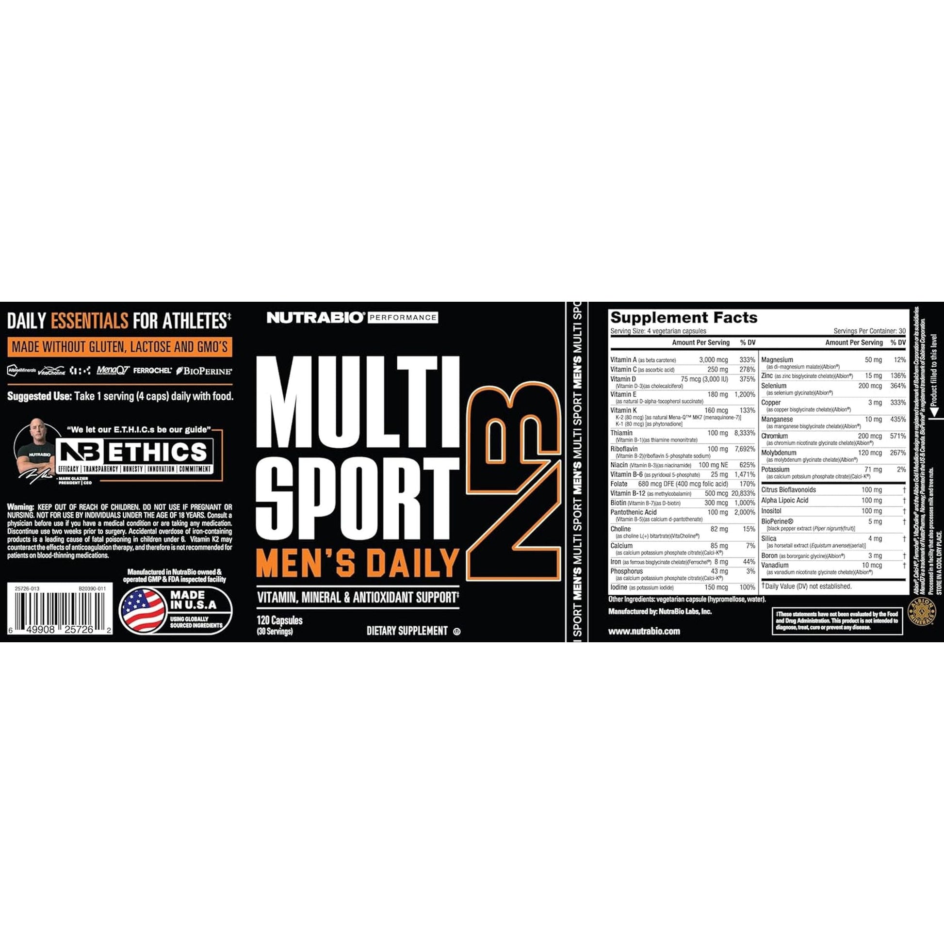 Nutrabio Multisport for Men - Multivitamin - 33 Vitamins, Minerals, Micronutrients (120 Vegetable Capsules)