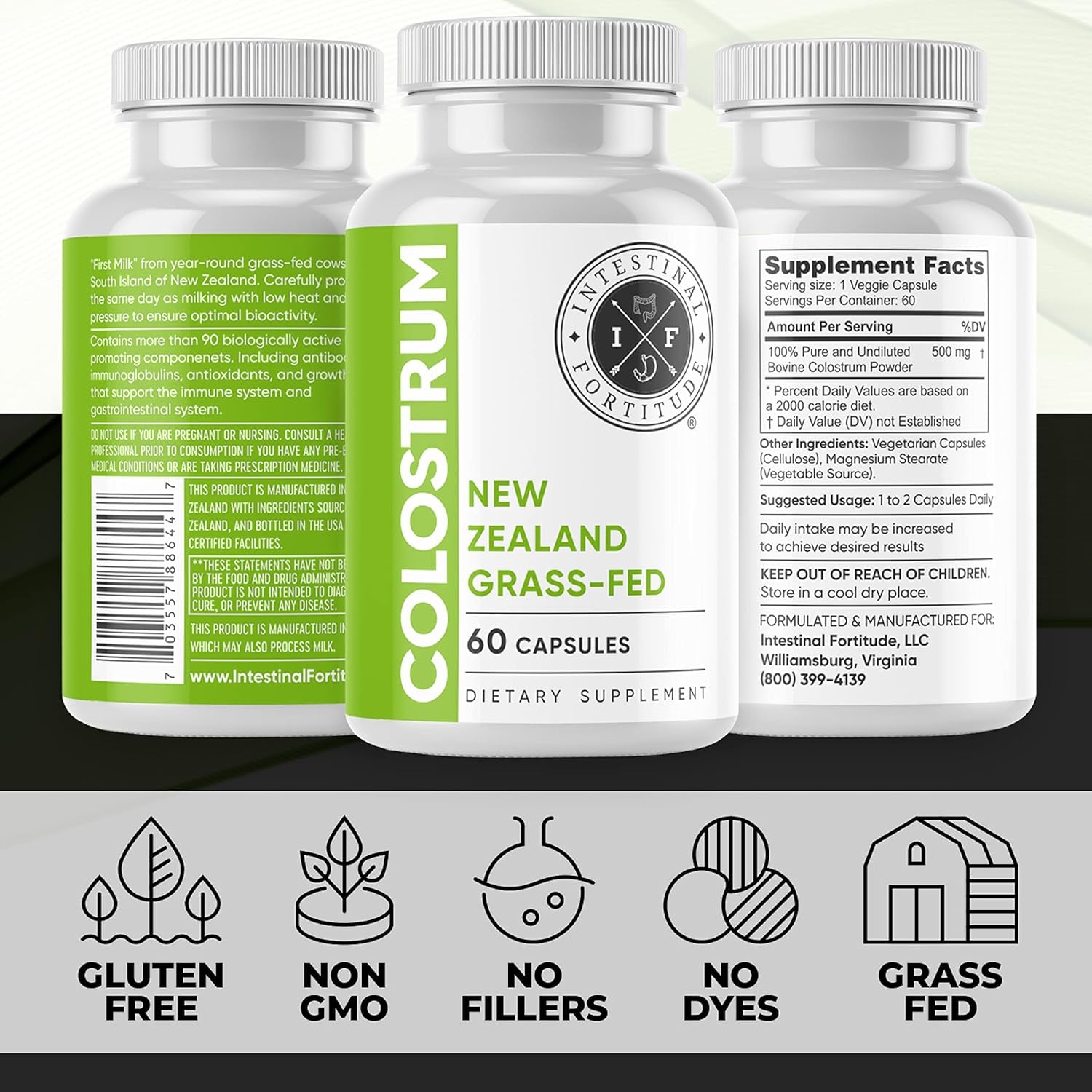 Intestinal Fortitude 100% Grass Fed New Zealand Cows Colostrum Capsules, Grassfed, Hormone Free 500 Mg Capsules, 60 CT
