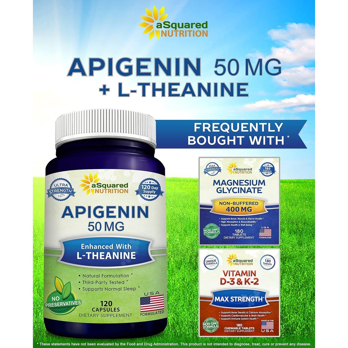 Asquared Nutrition Apigenin 50Mg & L-Theanine 200Mg - 120 Capsules