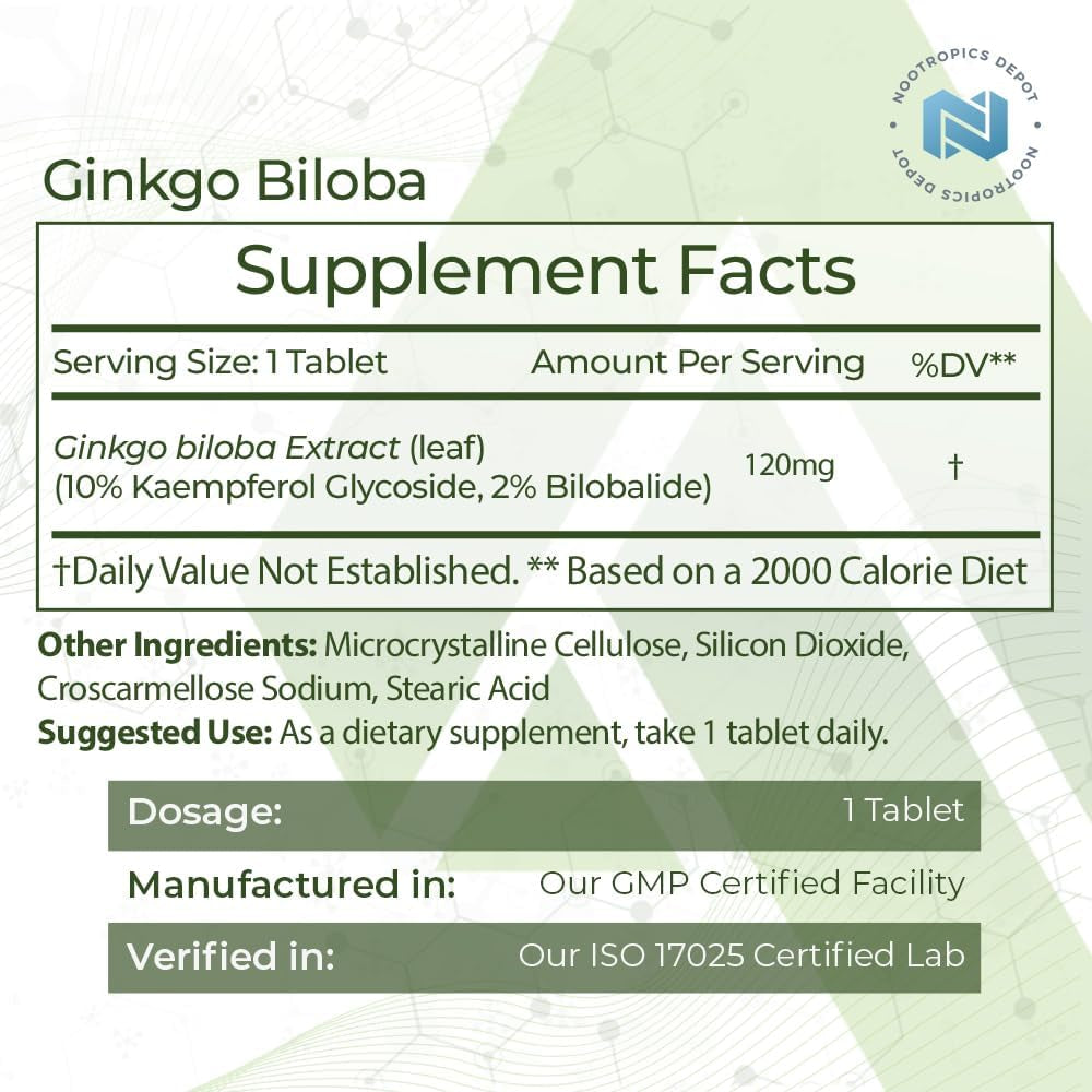 Nootropics Depot Ginkgo Biloba Extract Tablets | 120Mg | 90 Count 
