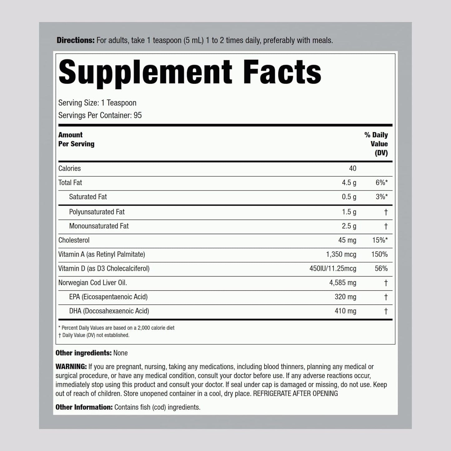 Piping Rock Cod Liver Oil Liquid | 16 Fl Oz | with EPA DHA | Engelvaer Norwegian